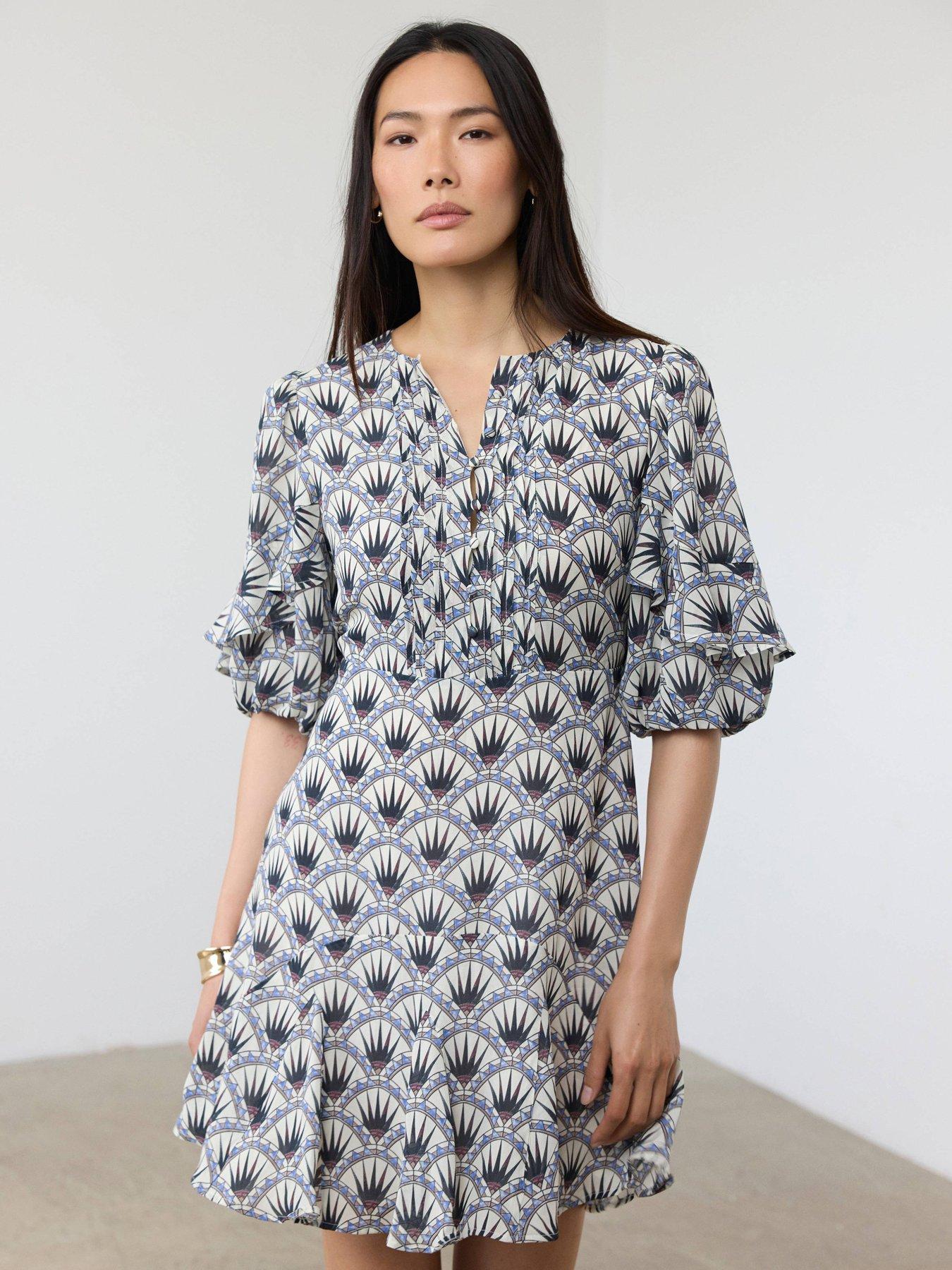 Image 1 of 6 of Mint Velvet Geo Print Mini Dress - Blue
