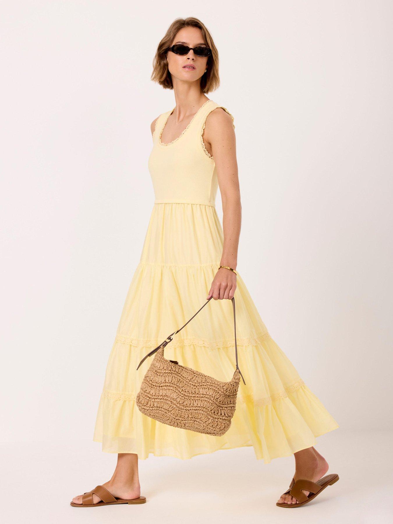 Mint Velvet Crochet Trim Tiered Dress, Yellow, Size Xs, Women
