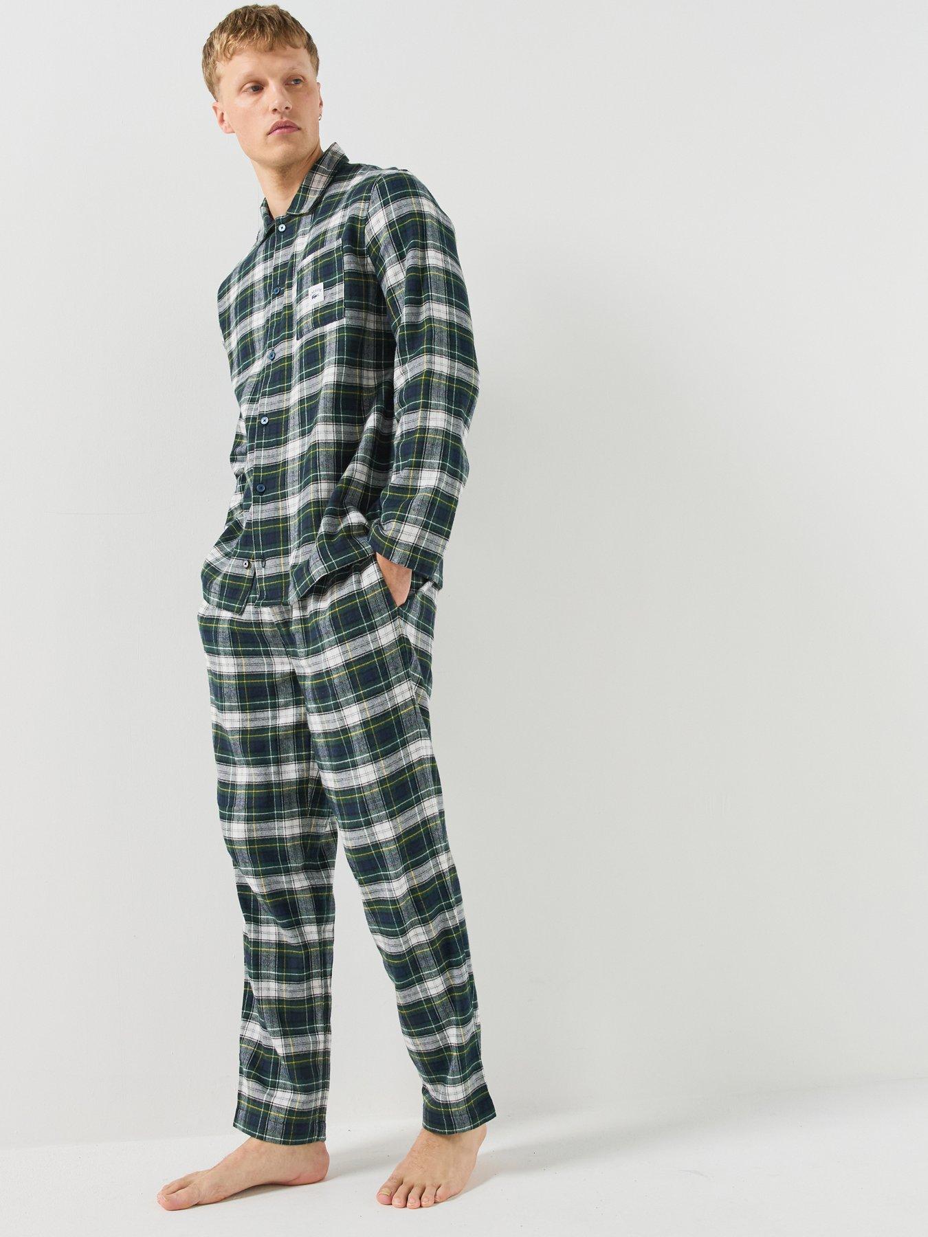 Image 1 of 6 of Lacoste Mens Brushed Flannel Check Pyjama Set - Green