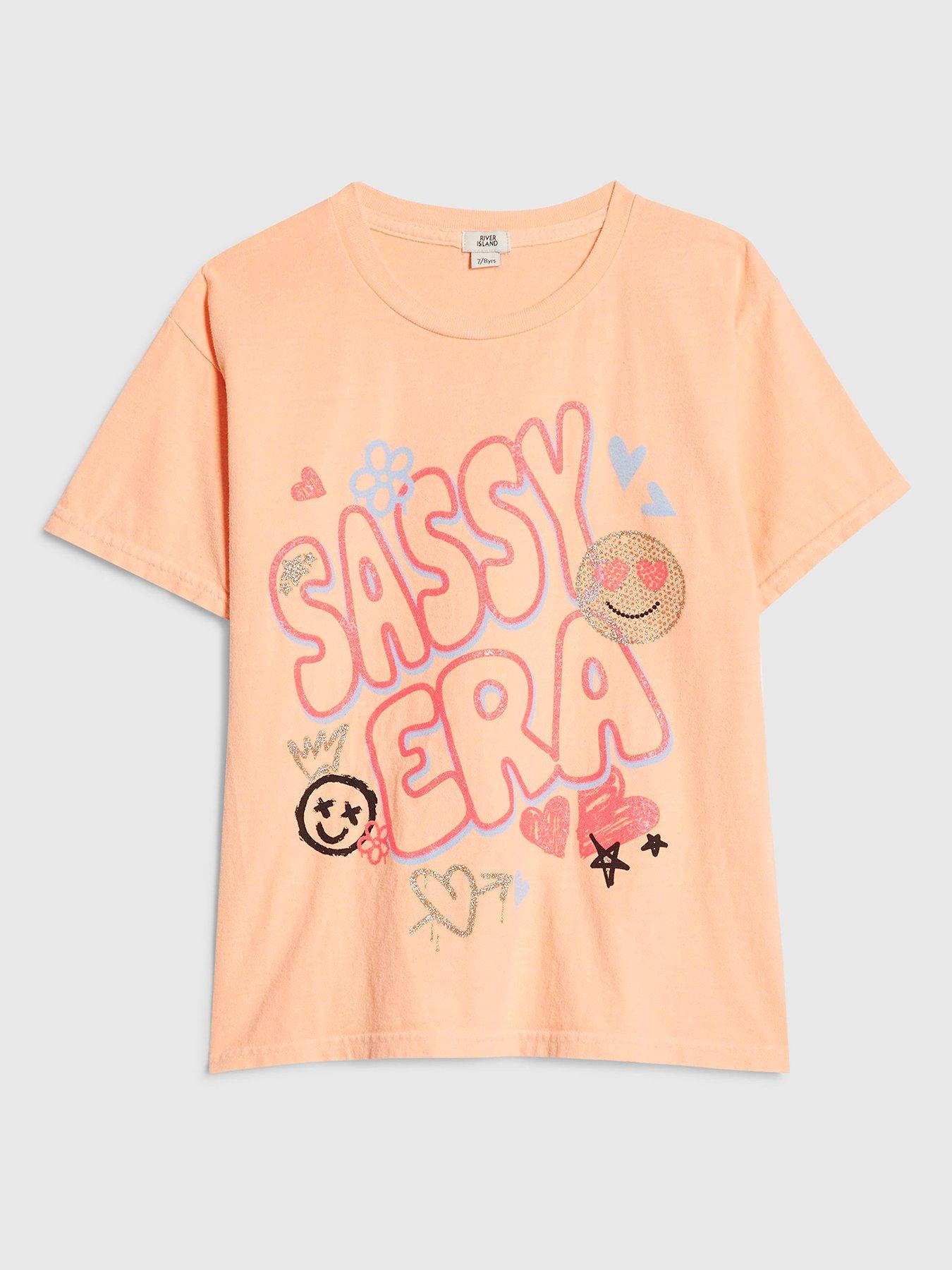 Image 1 of 4 of River Island Older Girls Sassy Era Smile Graphic Print T-Shirt - Orange
