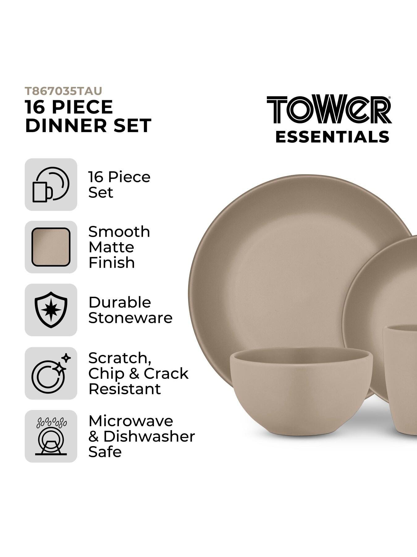Image 3 of 8 of Tower 16 Piece Dinner Set with Smooth Matte Glaze Finish, Taupe