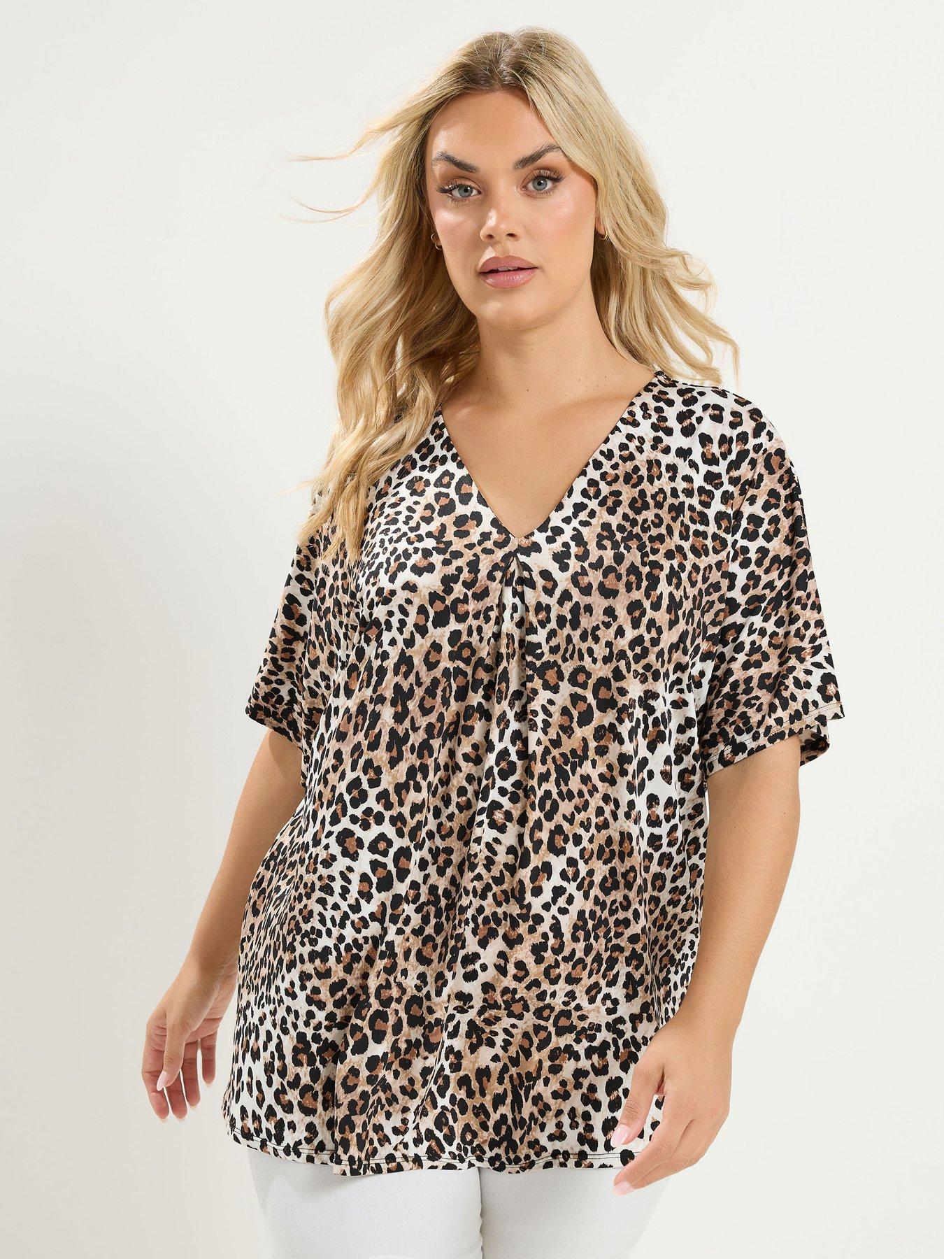 Yours Curve Leopard Pleated Front Top - Brown