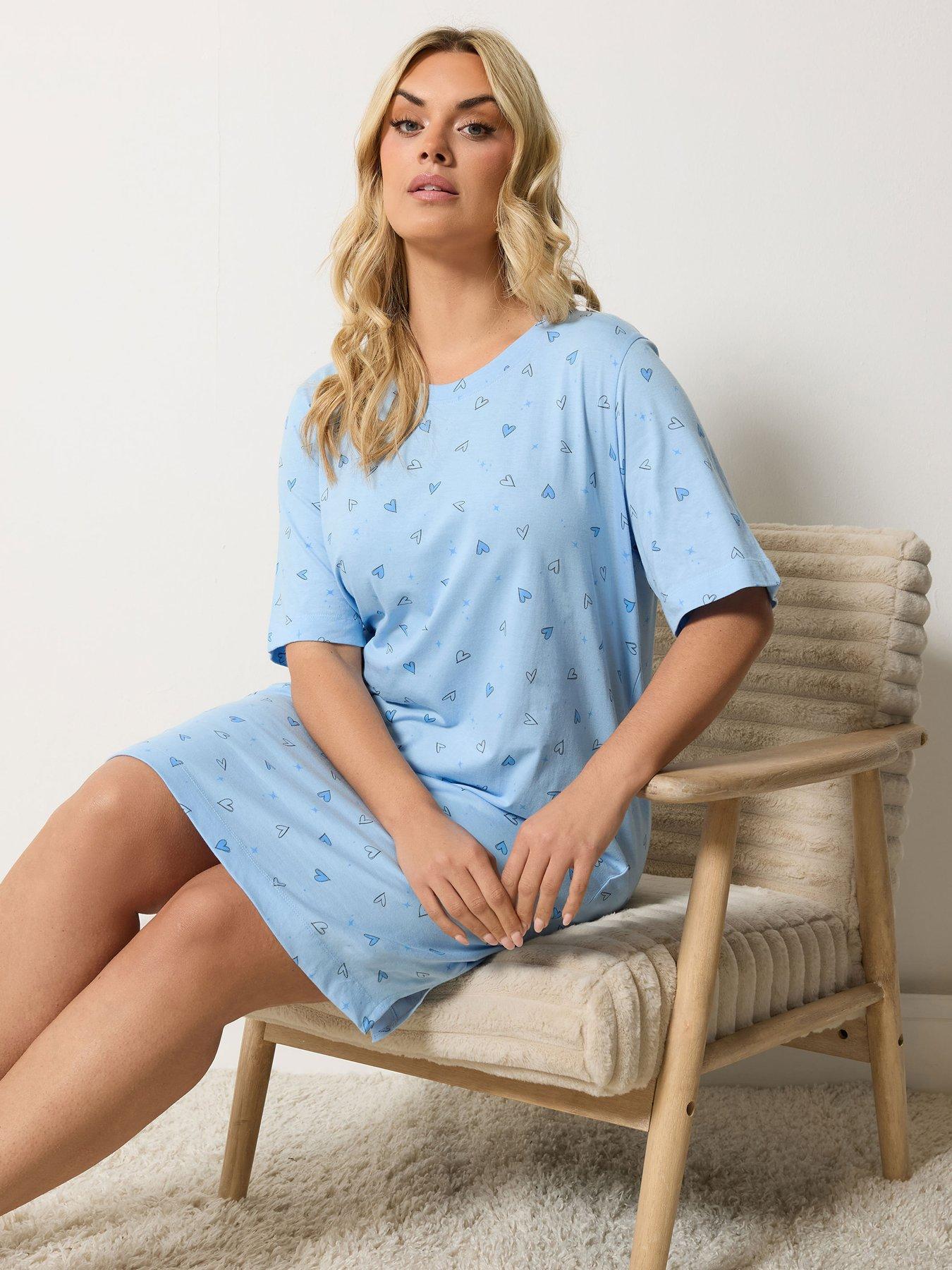 Image 1 of 4 of Yours Curve Heart Print Side Split Nightdress - Blue