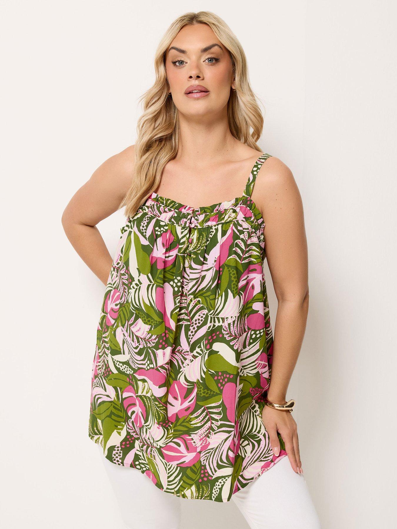 Yours Curve Square Neck Tropic Print Cami - Green