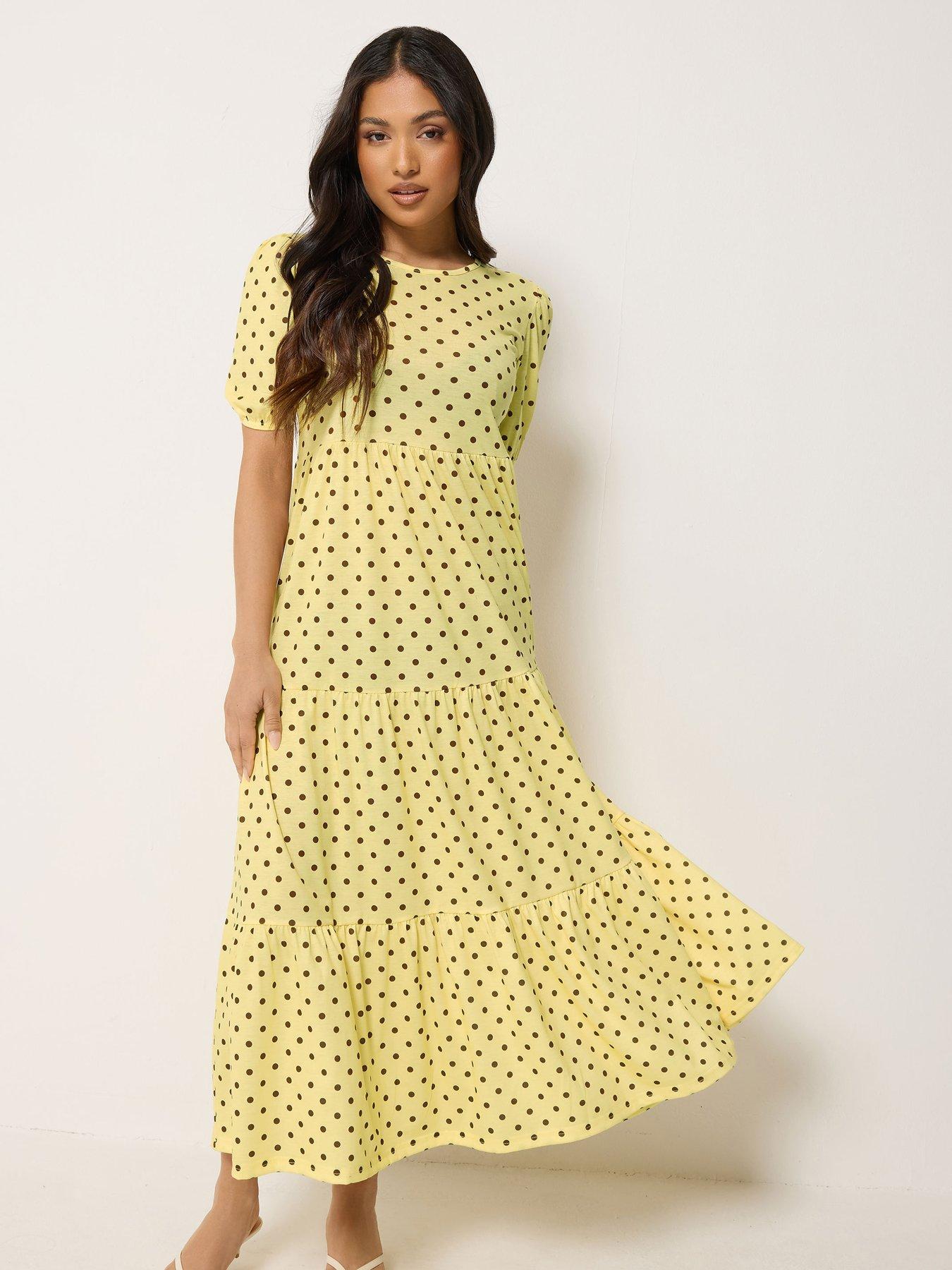 Image 1 of 4 of PixieGirl Petite Spot Tiered Maxi Dress - Yellow
