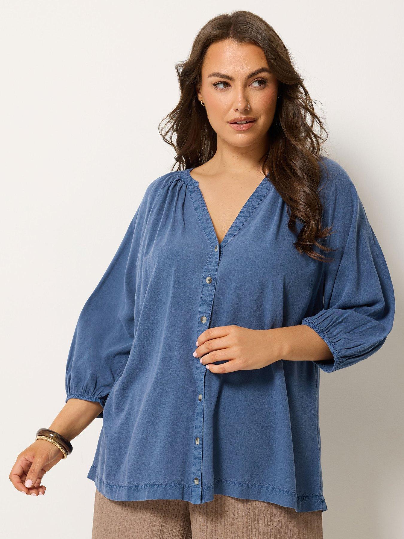 Image 1 of 4 of Yours Curve Chambray 3/4 Sleeve Blouse - Blue