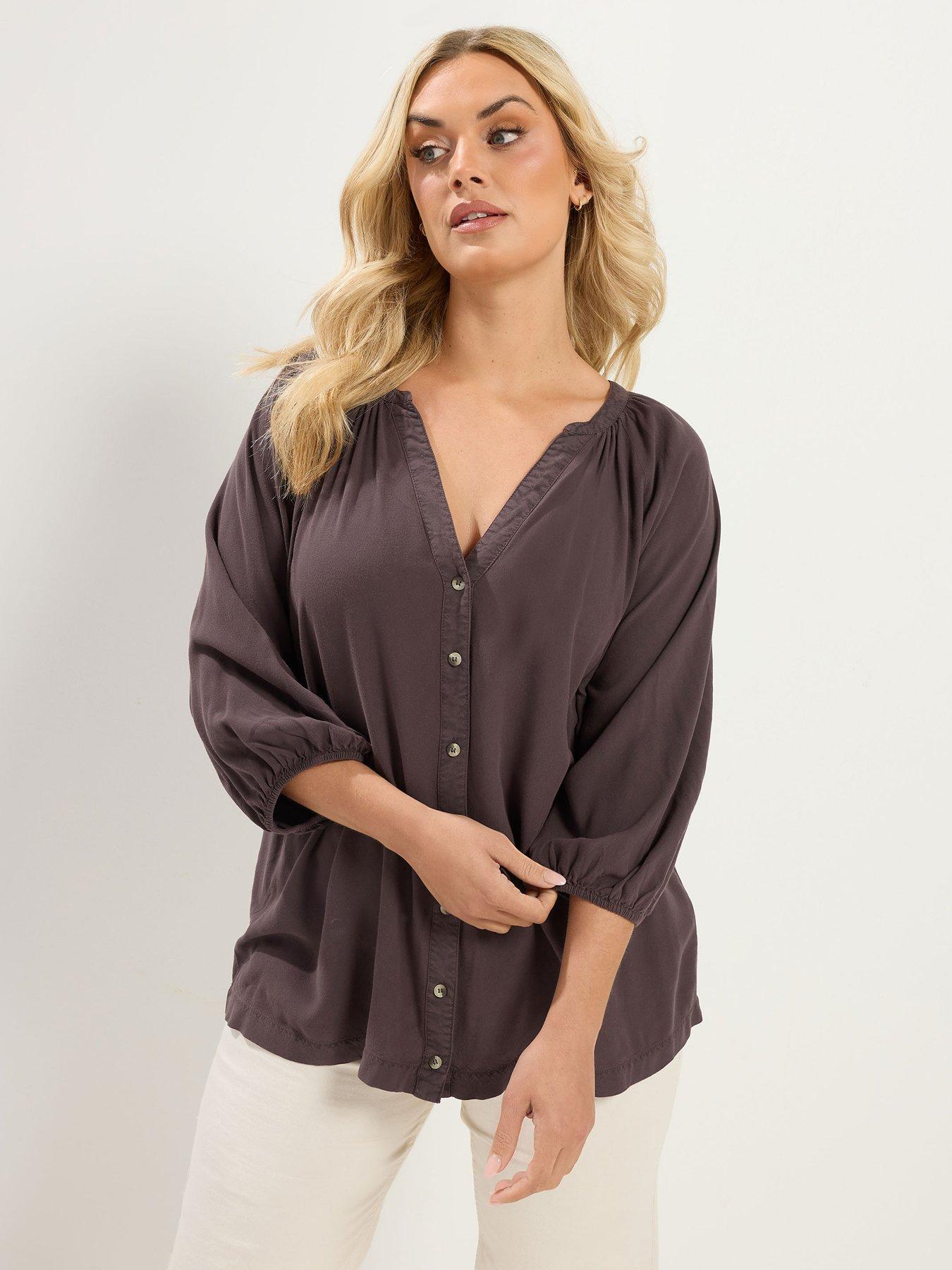 Yours Curve Chambray 3/4 Sleeve Blouse - Brown