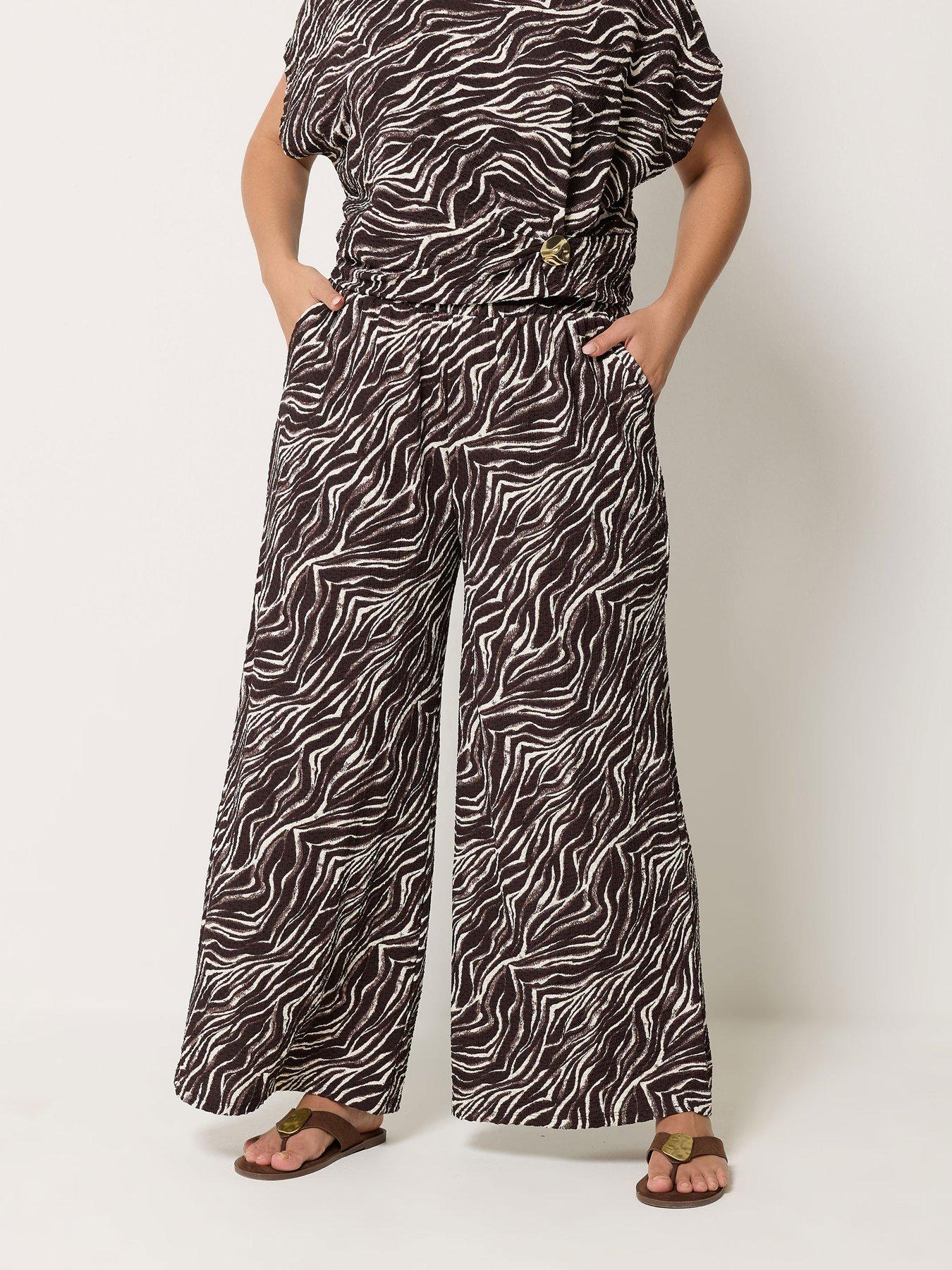 Yours Curve Wide Leg Zebra Print Co-Ord Trouser 30" - Brown