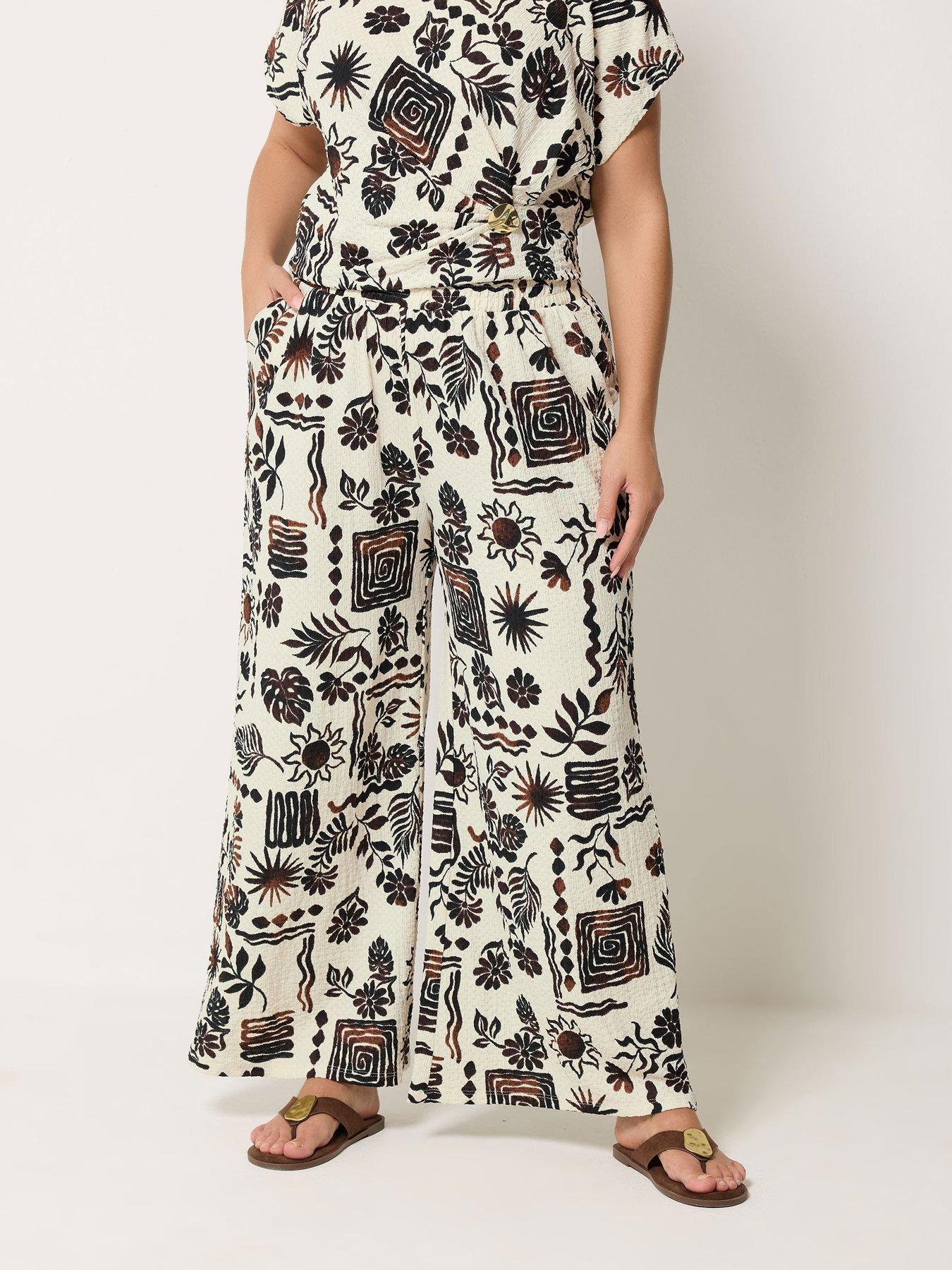 Image 1 of 4 of Yours Curve Wide Leg Abstract Print Co-Ord Trouser 28" - Brown