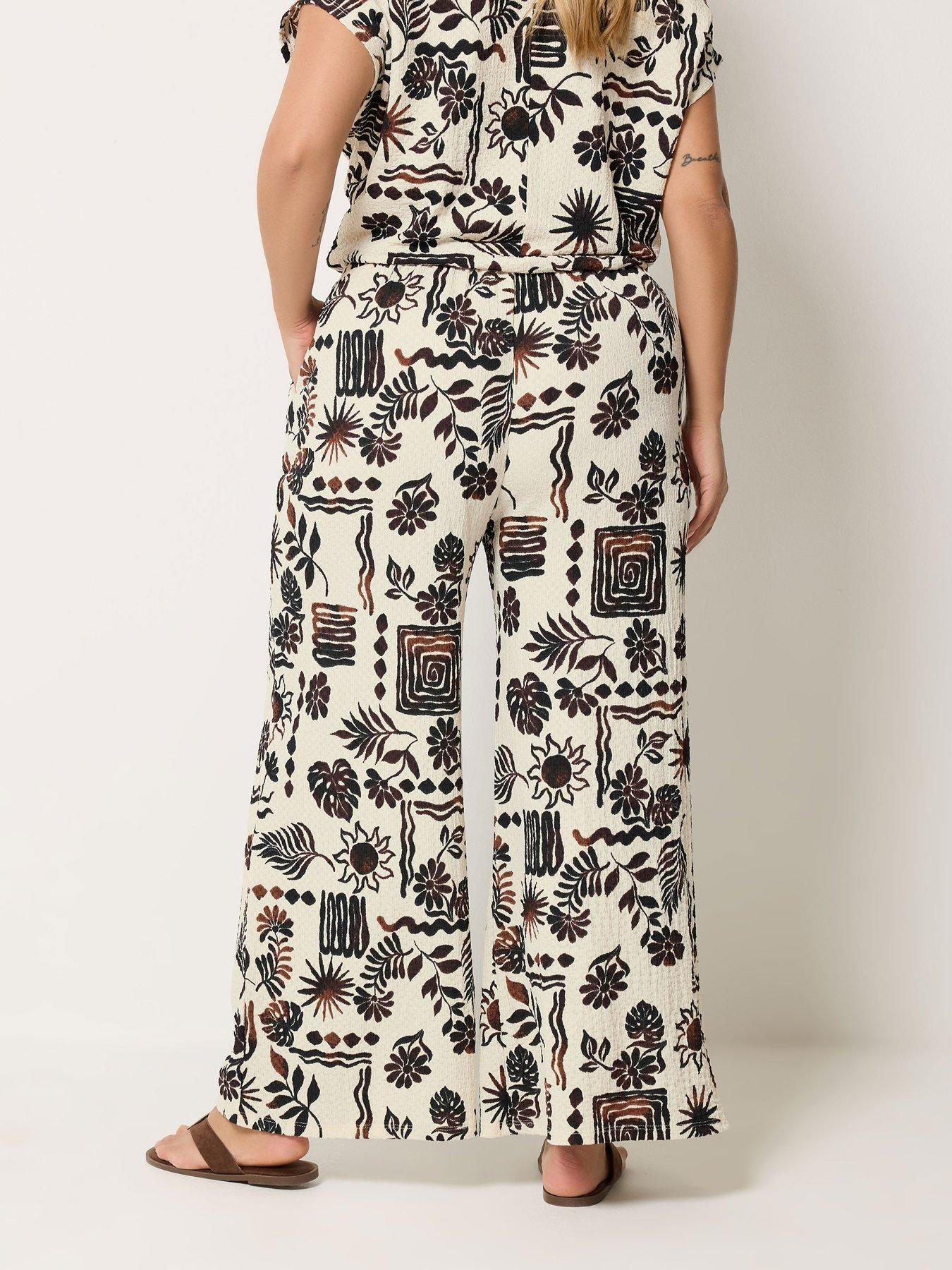 Image 2 of 4 of Yours Curve Wide Leg Abstract Print Co-Ord Trouser 28" - Brown