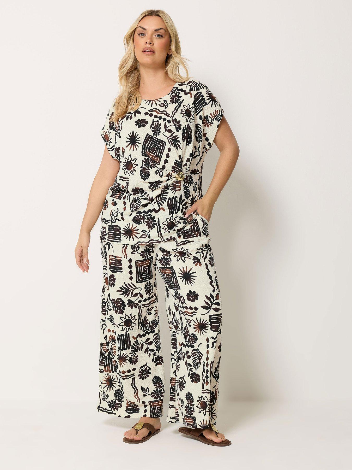 Image 3 of 4 of Yours Curve Wide Leg Abstract Print Co-Ord Trouser 28" - Brown