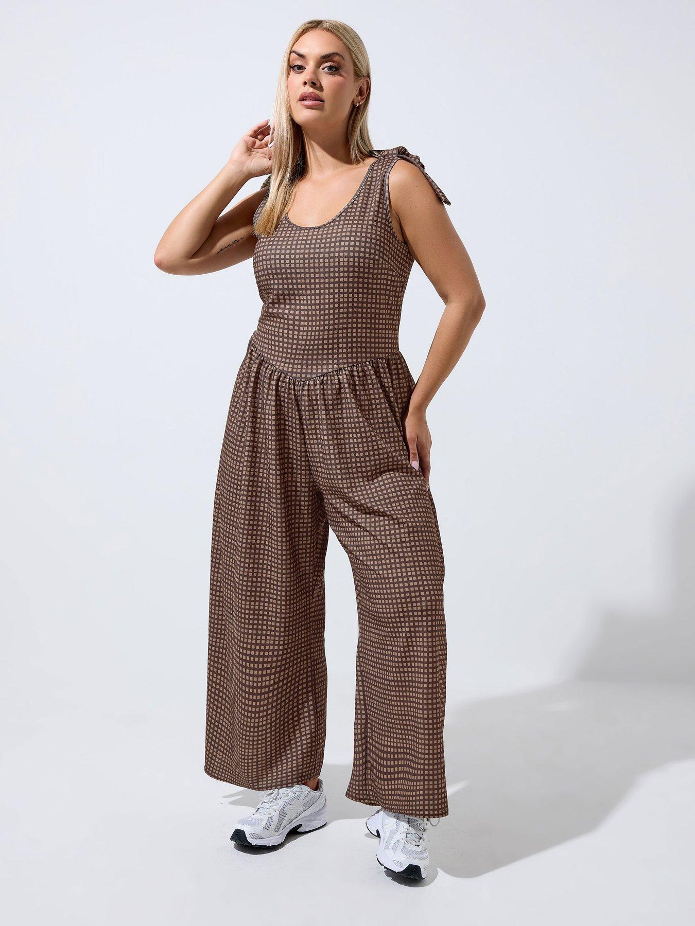 Image 1 of 4 of Yours Curve Gingham Jumpsuit - Brown