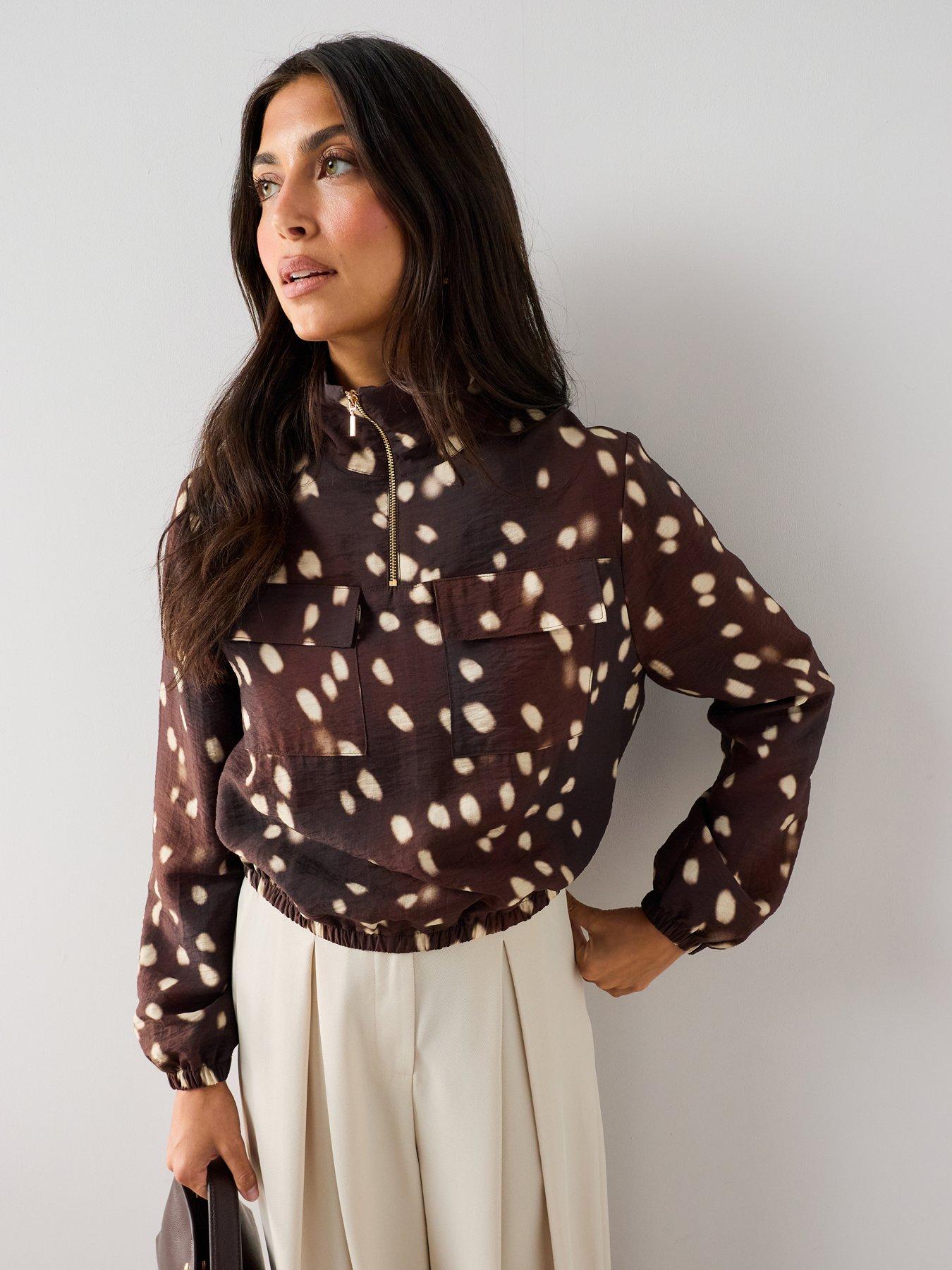 The Very Collection Women's Bambi Print Funnel Neck Lightweight Quarter Zip Jacket - Brown