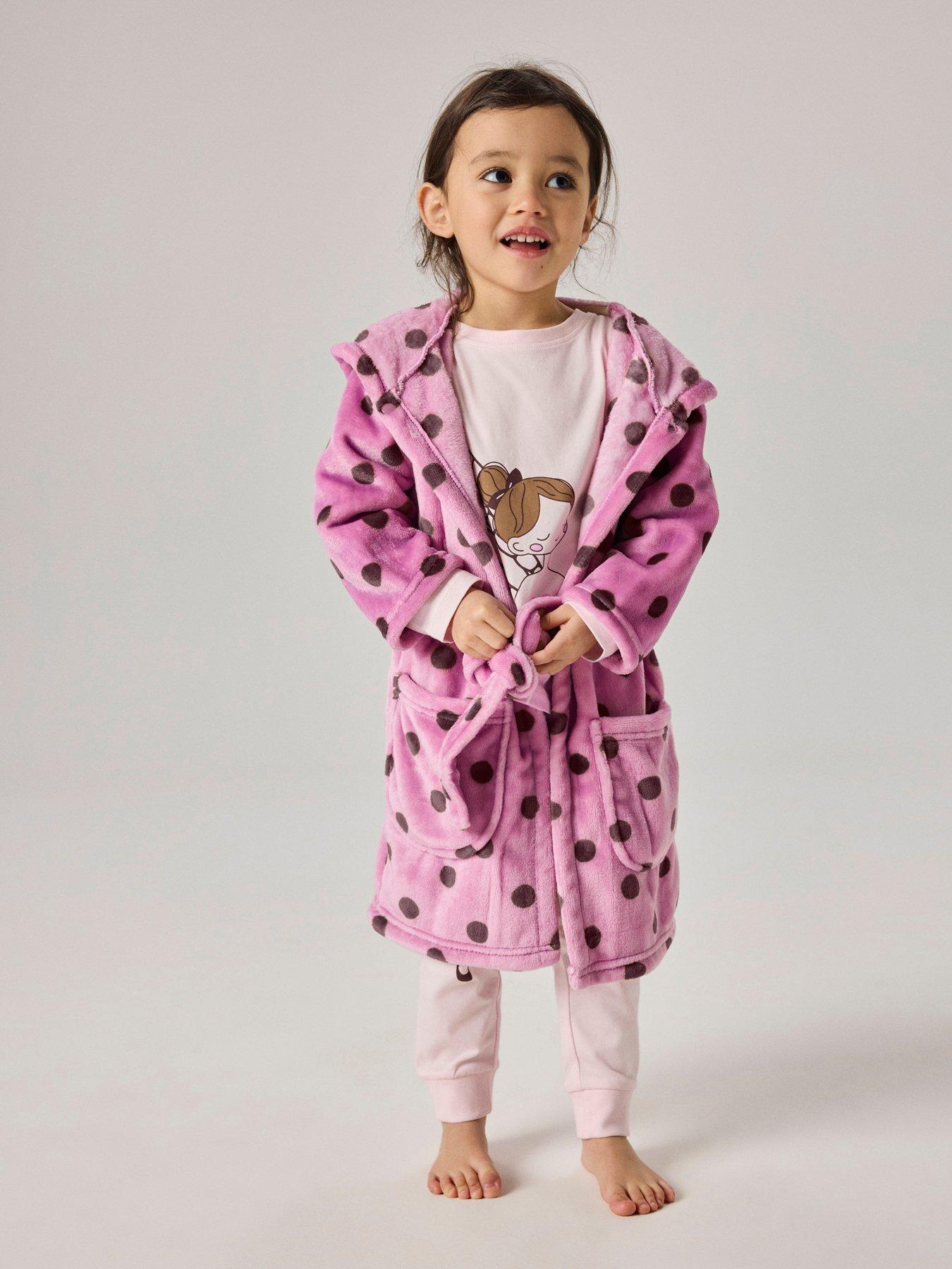 Image 1 of 5 of Name It Mini Girls Spot Hooded Fleece Dressing Gown - Pink