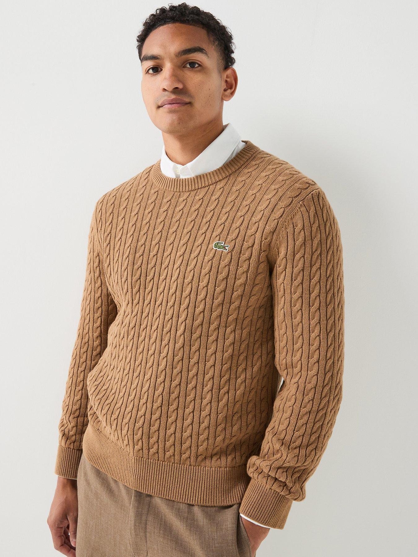 Lacoste Cotton Blend Cable Crew Neck Knitted Jumper - Light Brown