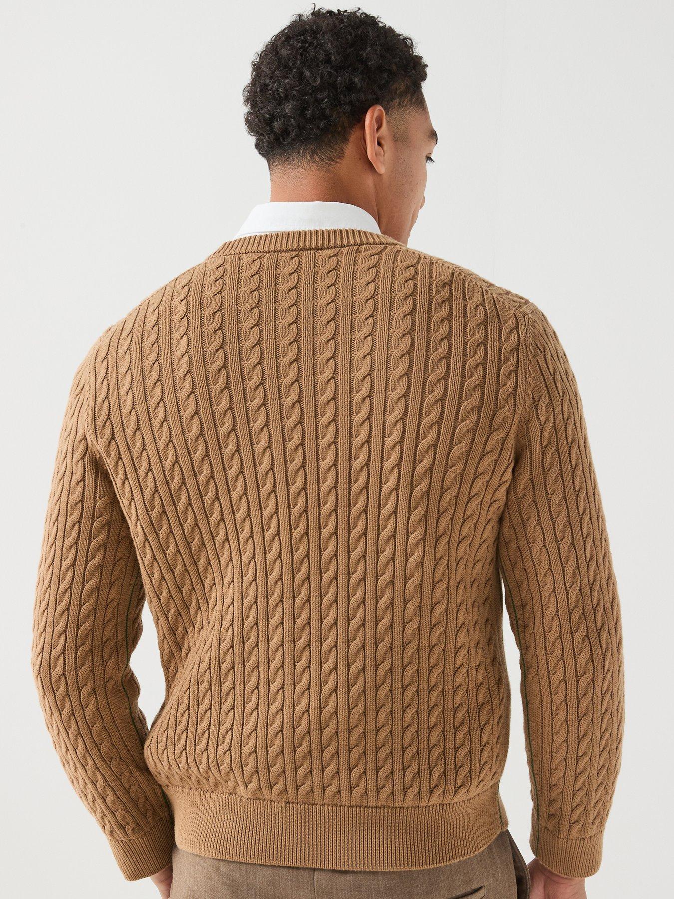 Image 2 of 6 of Lacoste Cotton Blend Cable Crew Neck Knitted Jumper - Light Brown