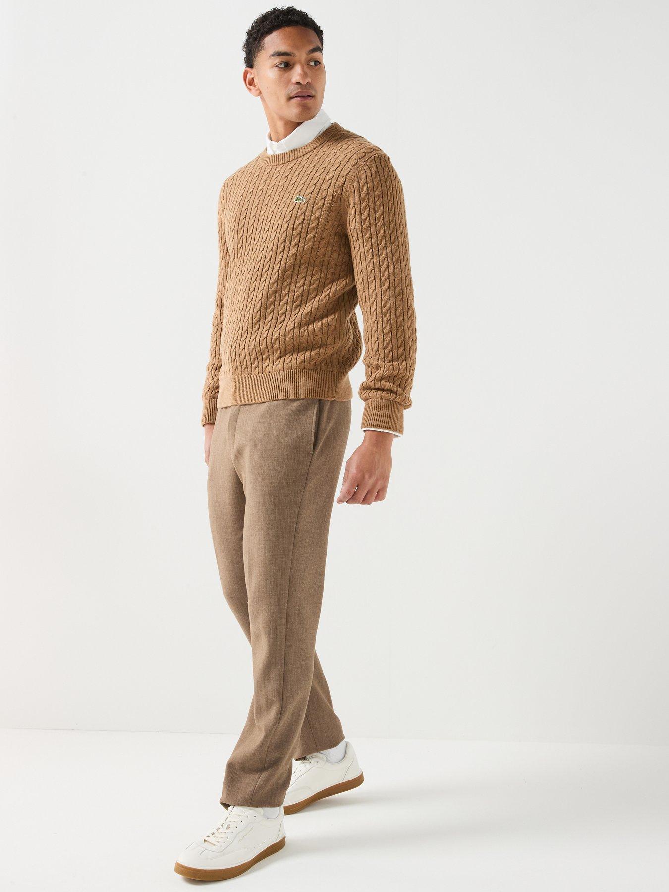 Image 3 of 6 of Lacoste Cotton Blend Cable Crew Neck Knitted Jumper - Light Brown