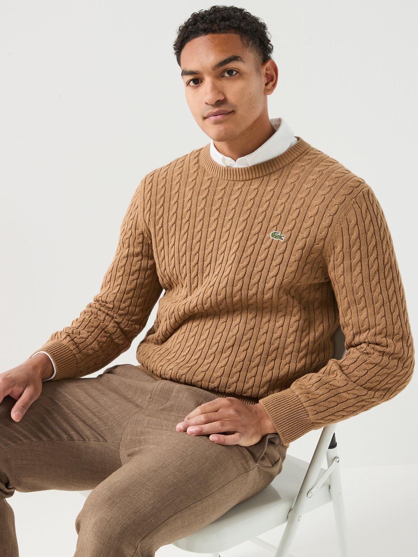 Image 4 of 6 of Lacoste Cotton Blend Cable Crew Neck Knitted Jumper - Light Brown