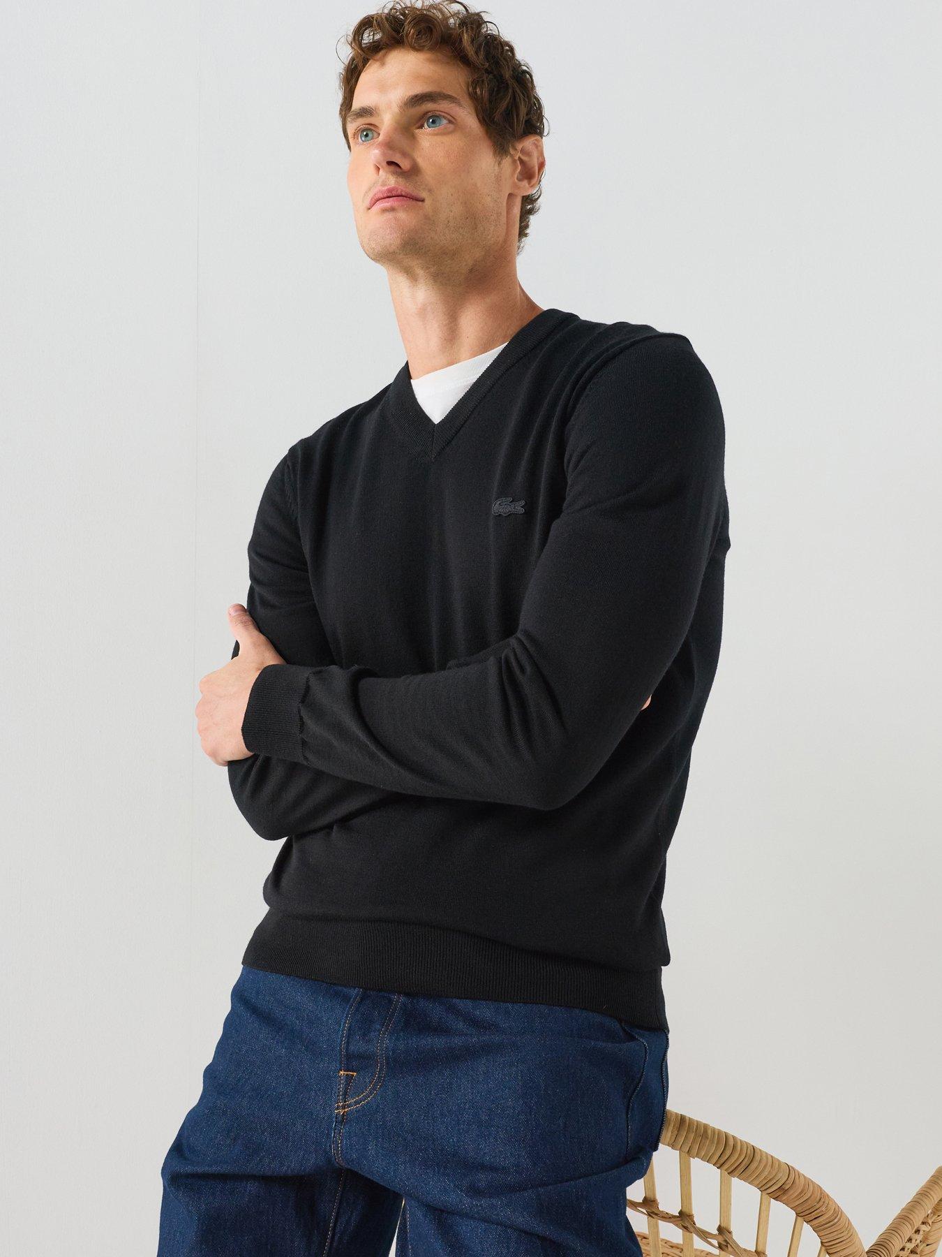 Image 1 of 5 of Lacoste Tonal V Neck Wool Knitted Jumper - Black
