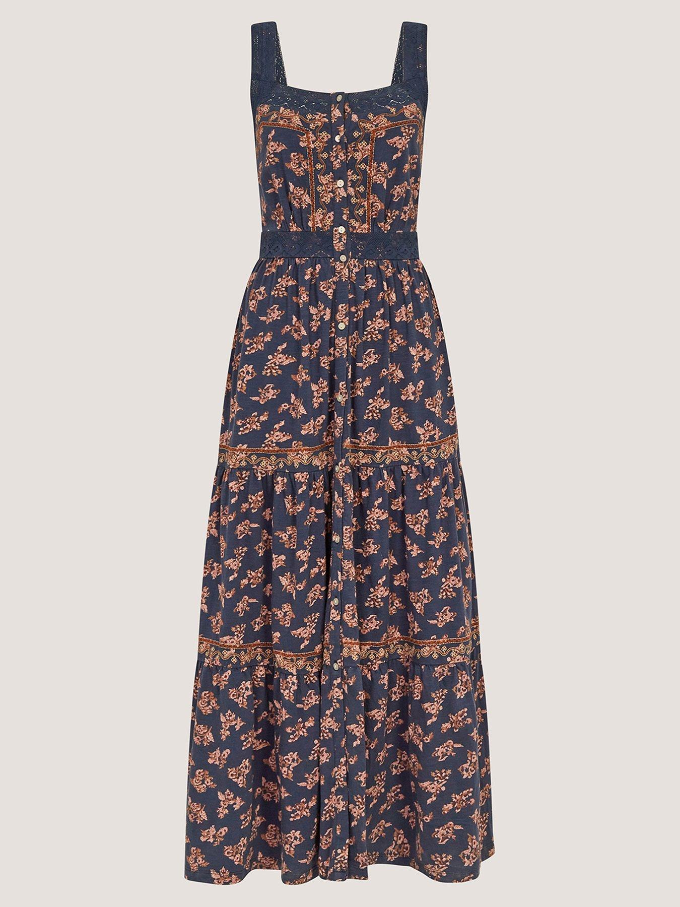 Image 1 of 1 of Monsoon Polly Print Jersey Midi Dress - Blue