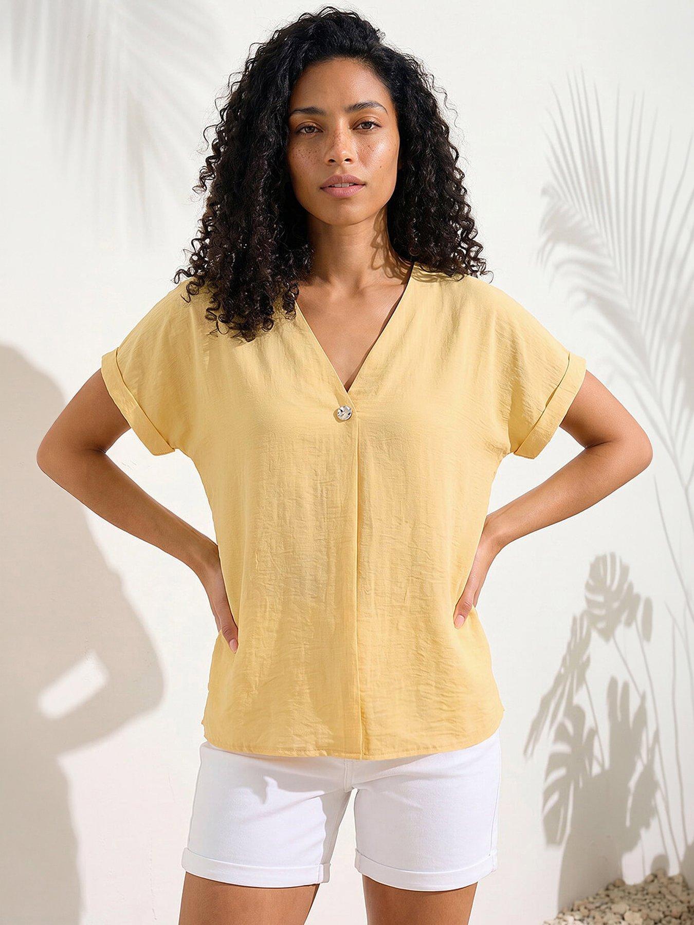 Roman Pleat Front V-neck Top, Yellow, Size 18, Women