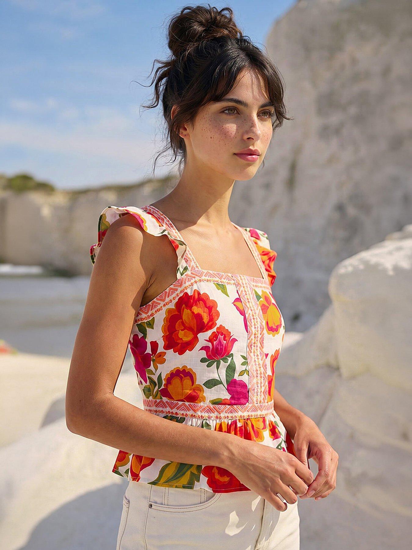Roman Dusk Floral Border Frill Top