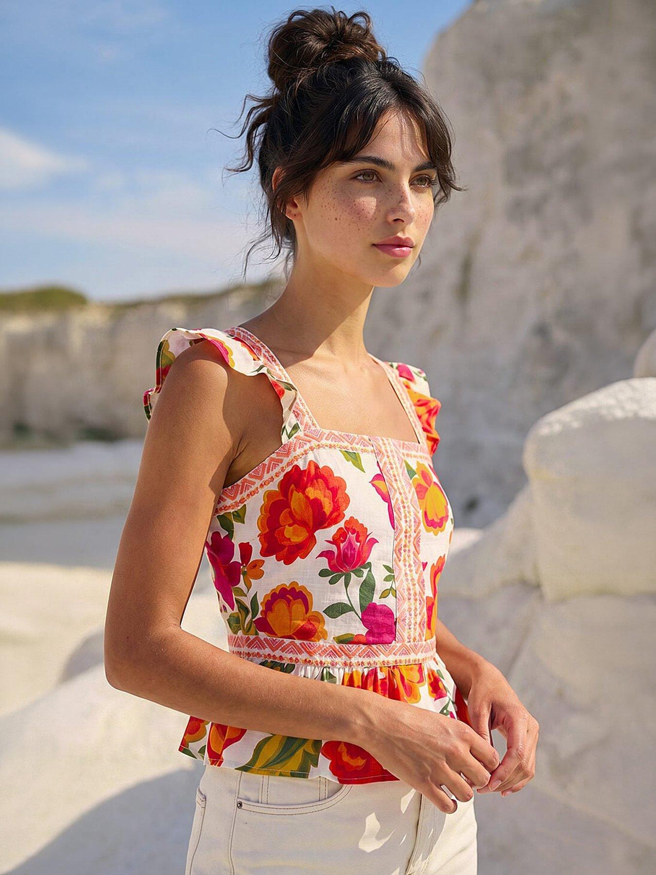 Roman Dusk Floral Border Frill Top