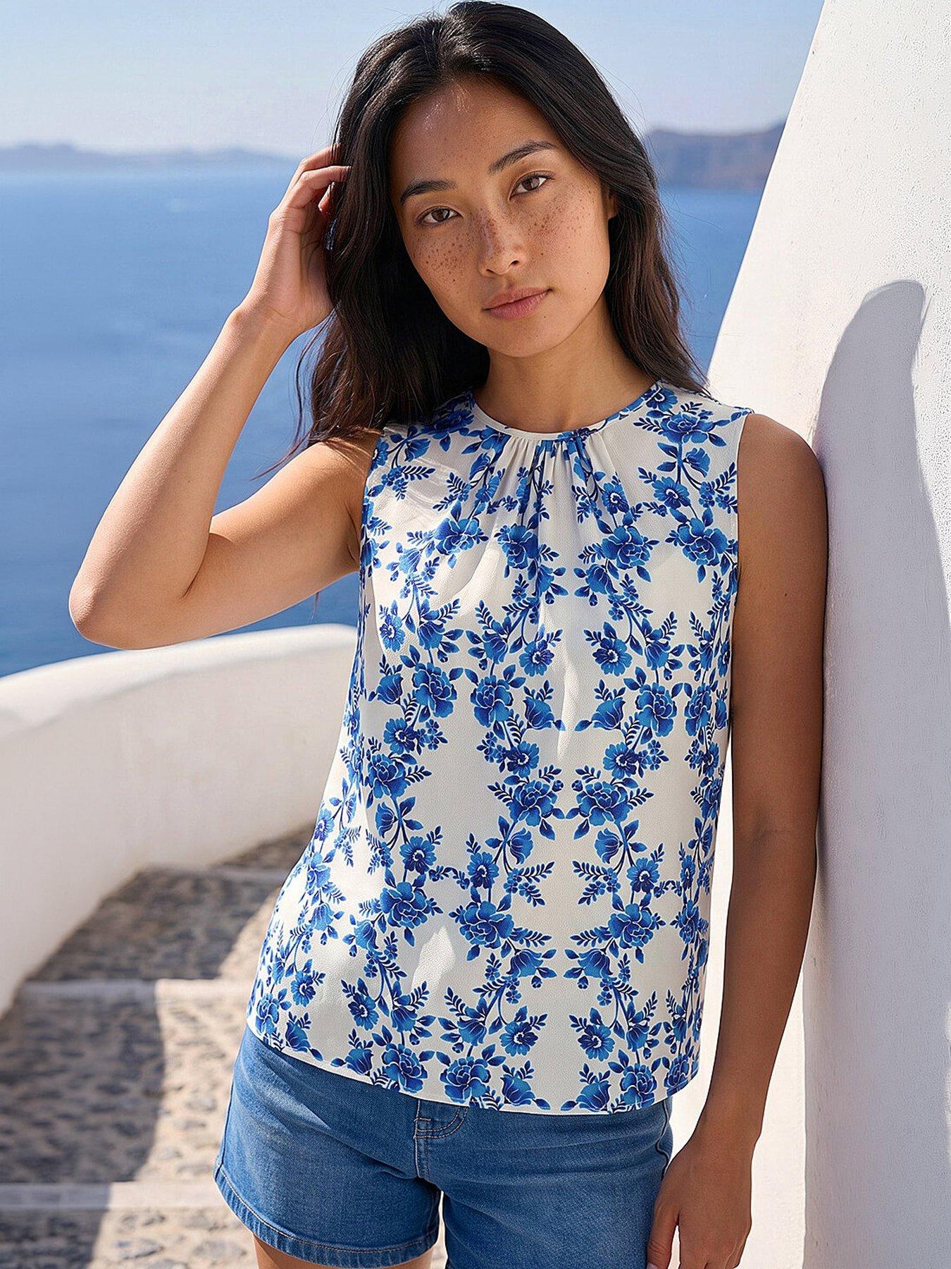 Roman Petite Printed Sleeveless Shell Top, Blue, Size 18, Women