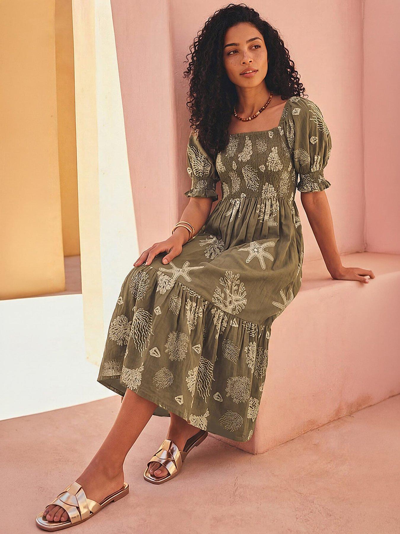 Roman Coral Print Shirred Midi Dress