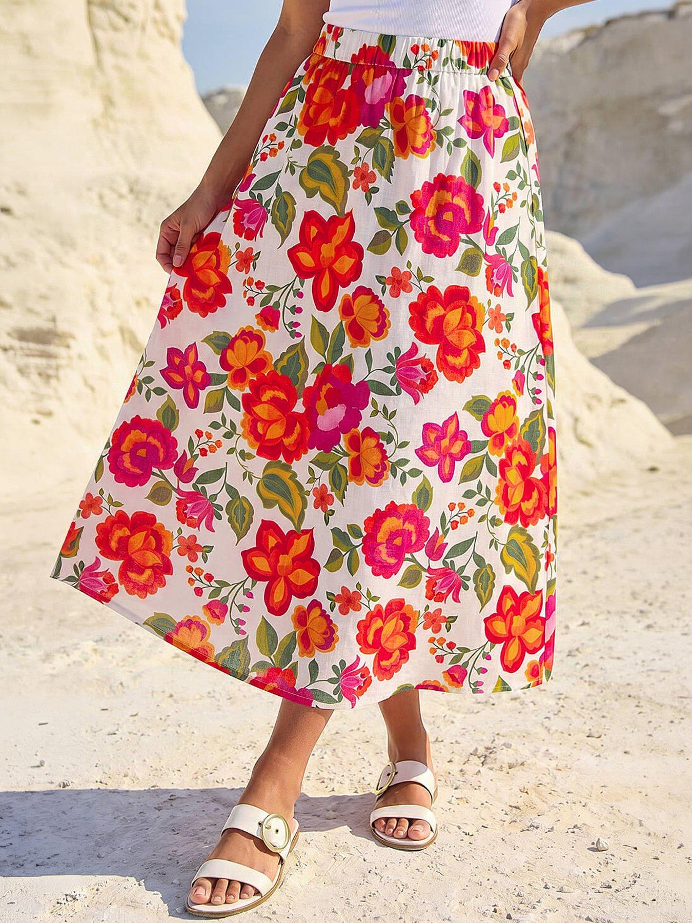 Roman Dusk Floral Print A-line Midi Skirt, Orange, Size 16, Women