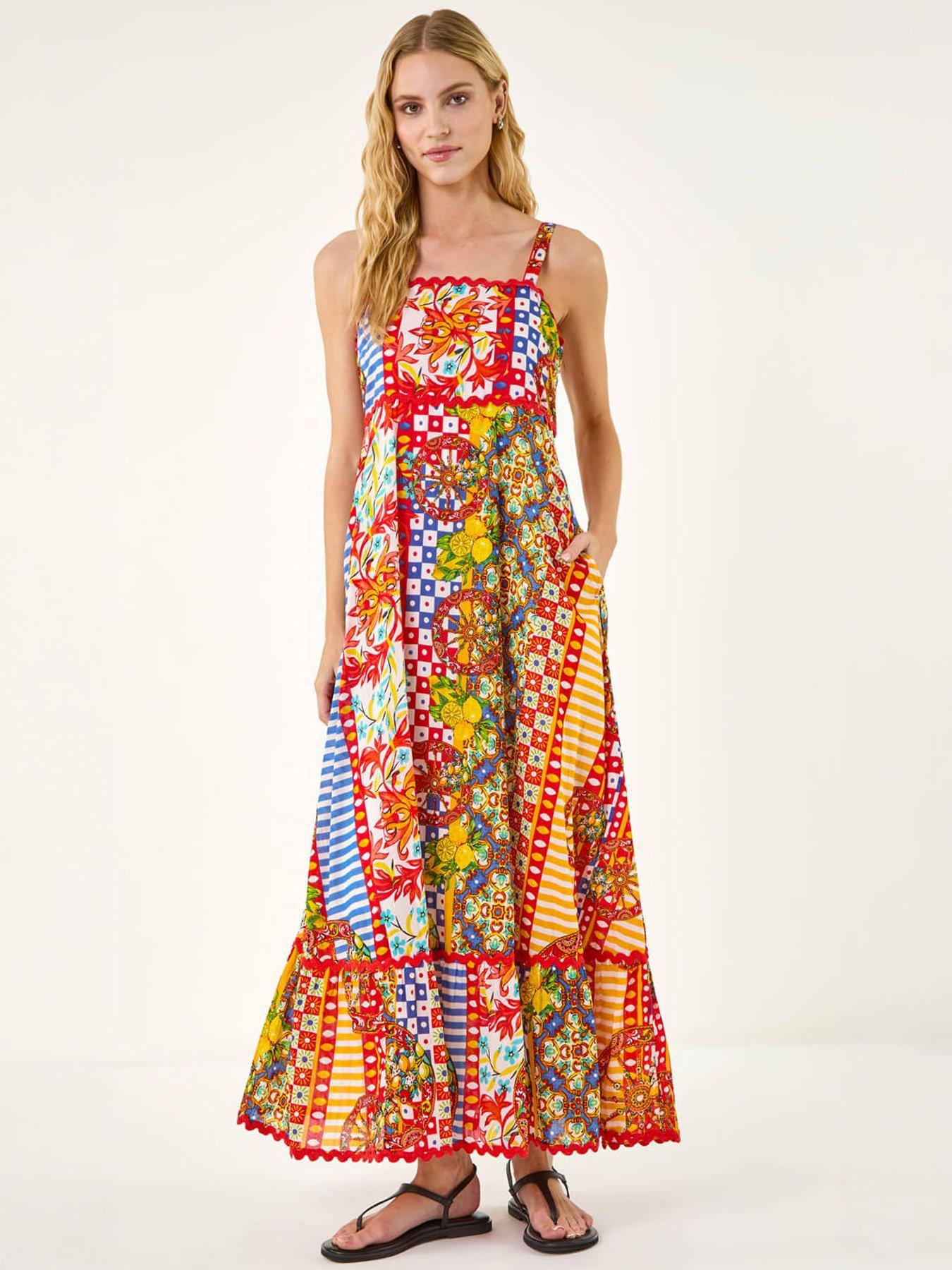 Roman Patchwork Ric Rac Maxi Dress, Red, Size 18, Women