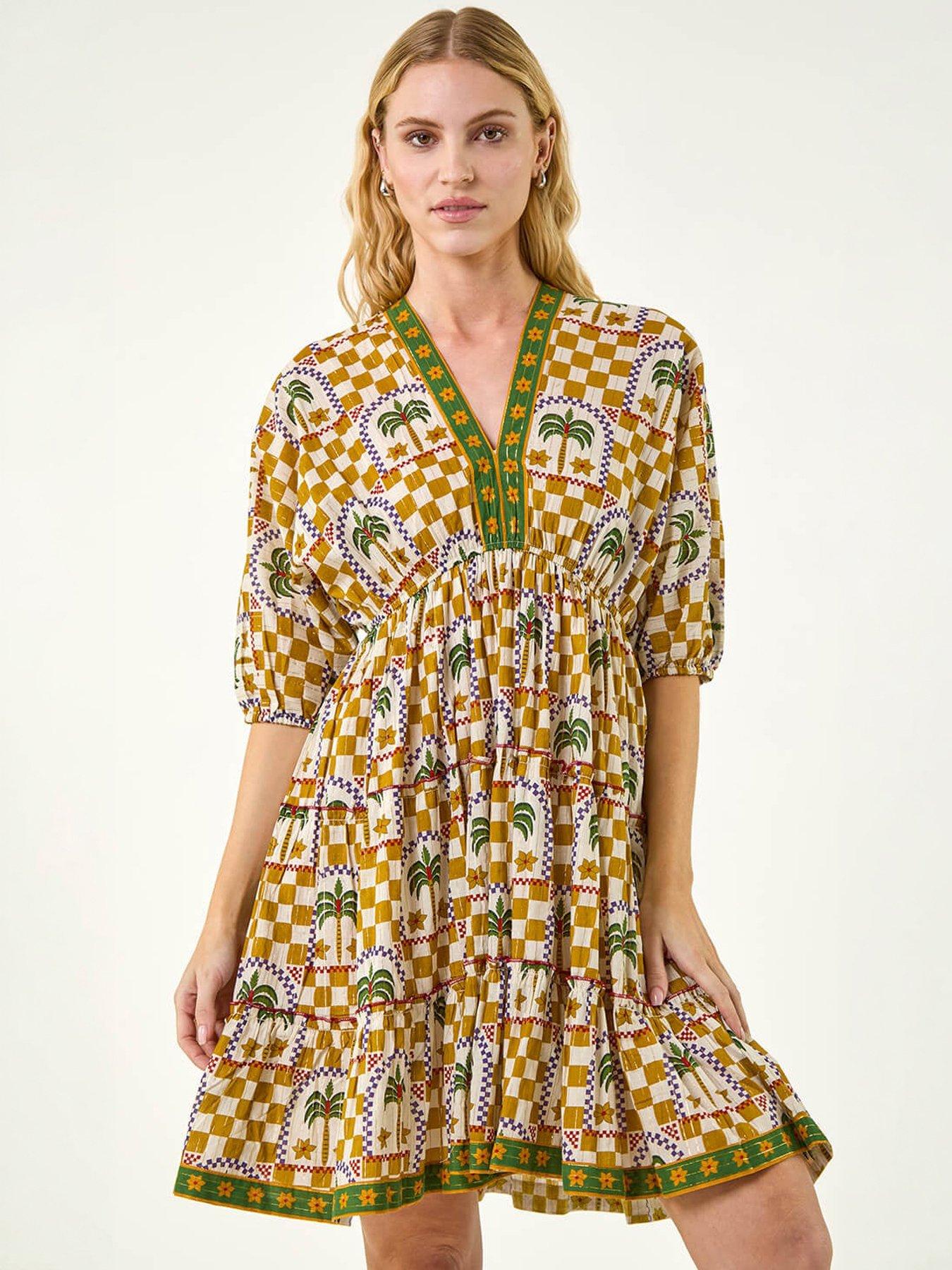 Roman Palm Check Boho Dress, Yellow, Size 14, Women
