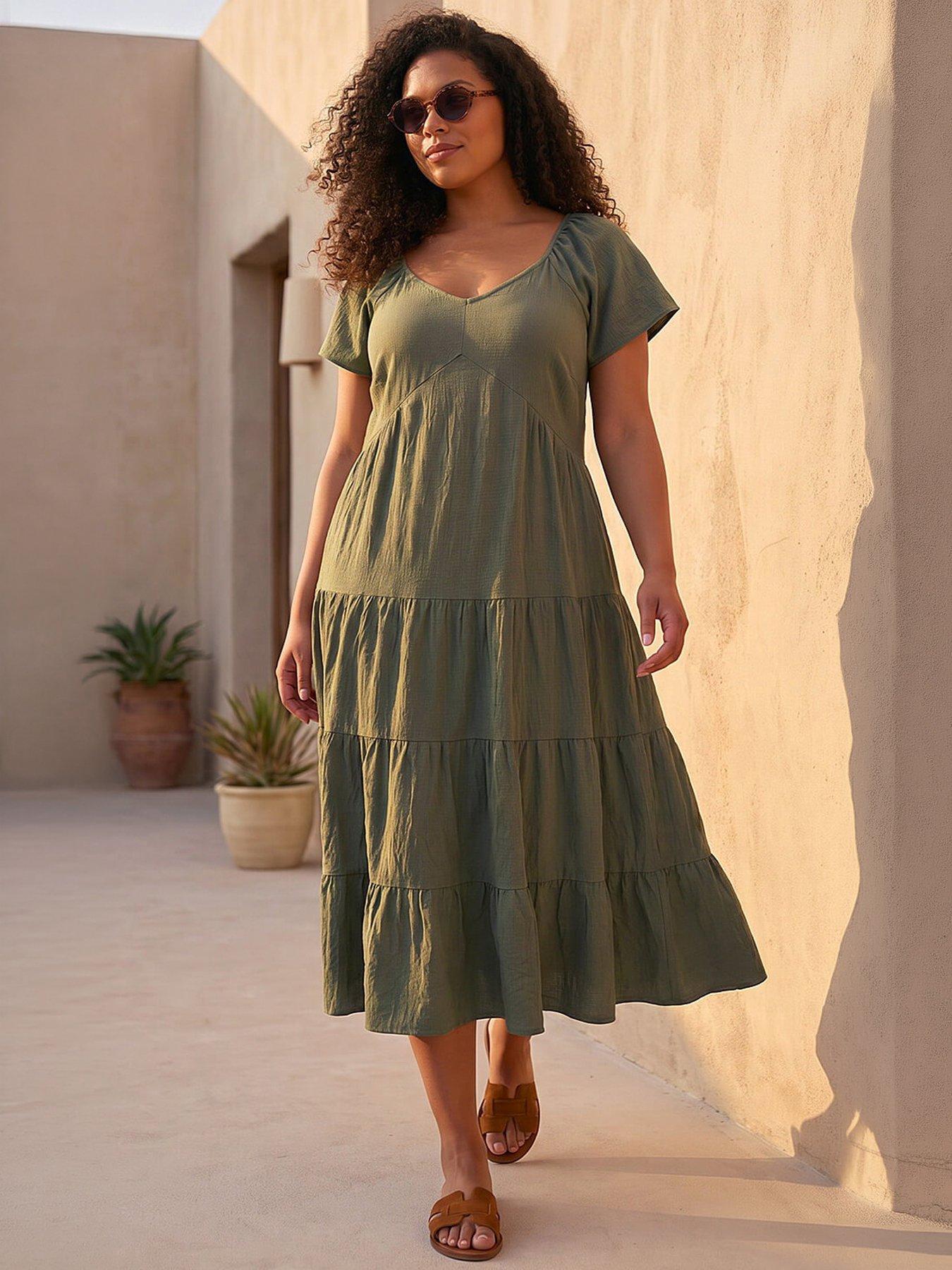 Roman Curve Pebble Crepe Tiered Midi Dress, Green, Size 22-24, Women