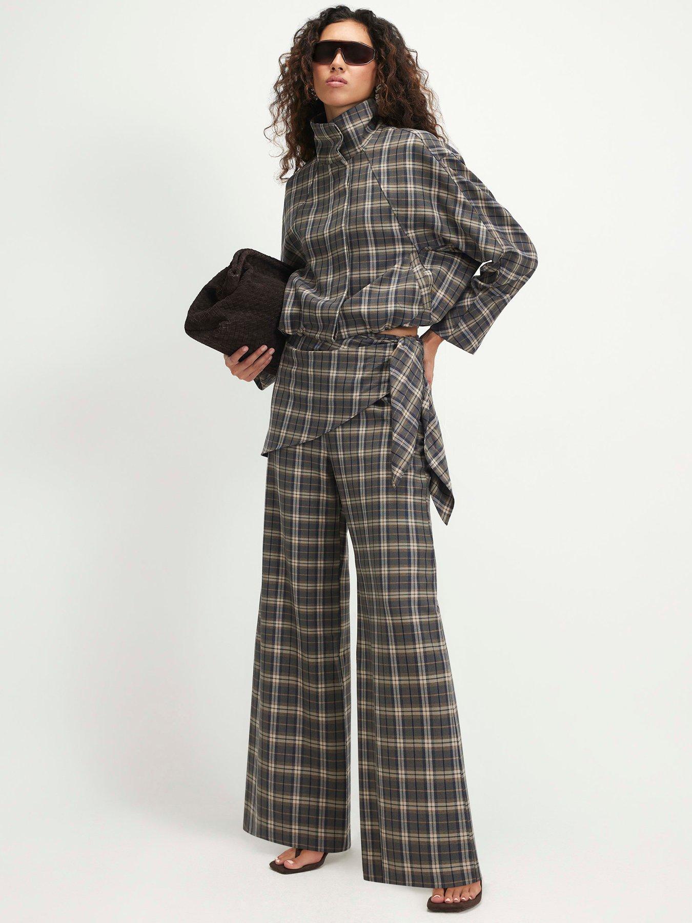 River Island Scarf Detail Check Wide Leg Trousers - Green