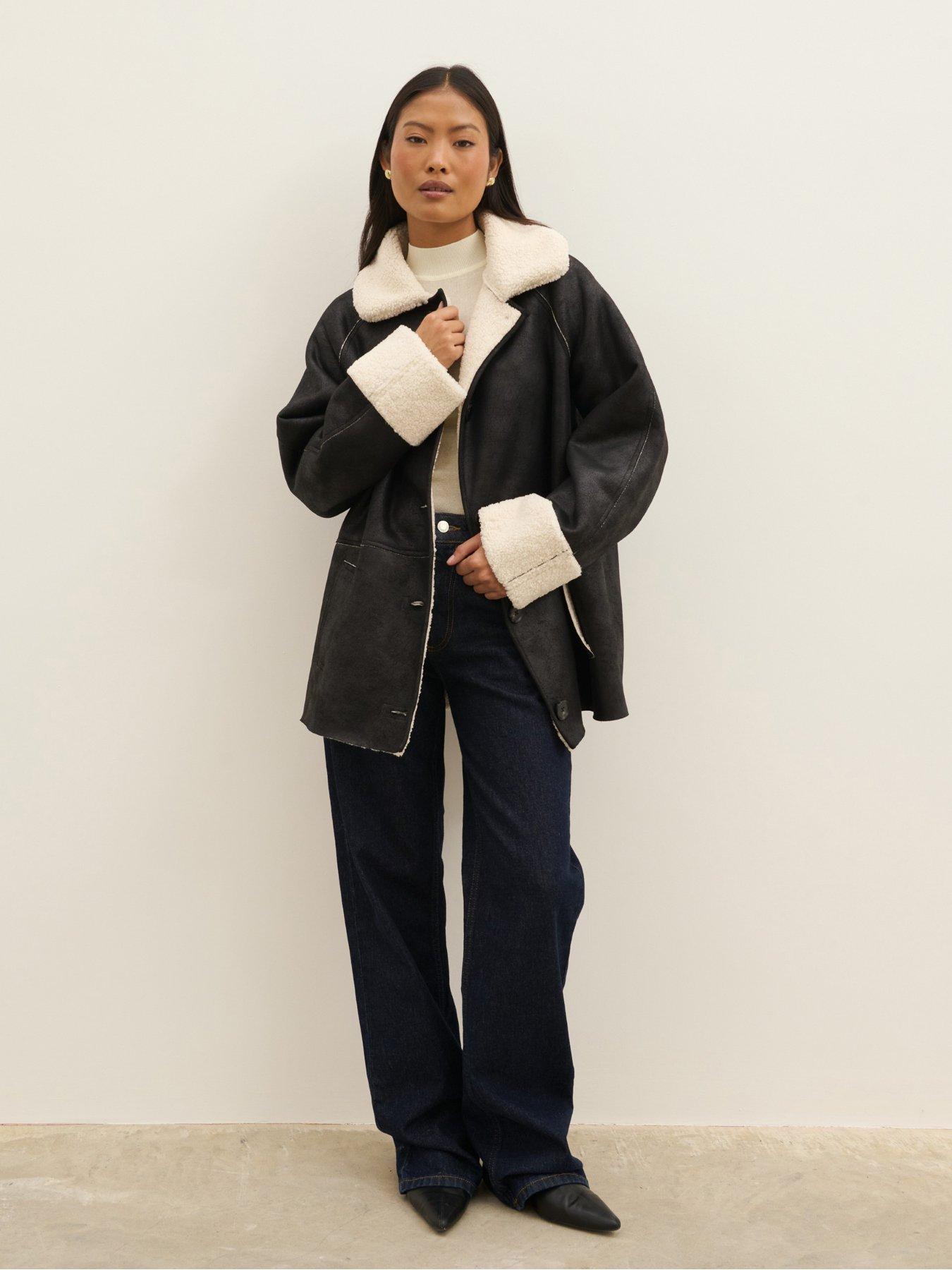 Image 1 of 4 of Pretty Lavish Womens Sawyer Faux Suede Borg Lined Aviator Coat - Black
