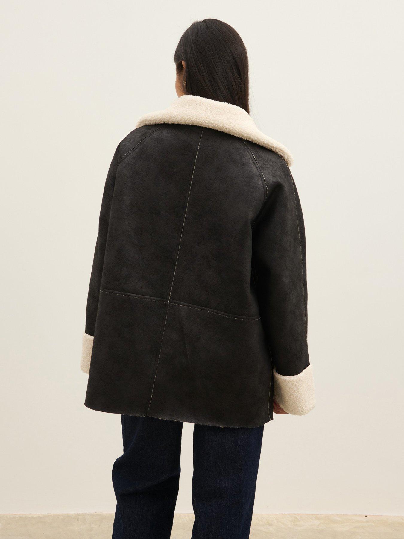 Image 2 of 4 of Pretty Lavish Womens Sawyer Faux Suede Borg Lined Aviator Coat - Black