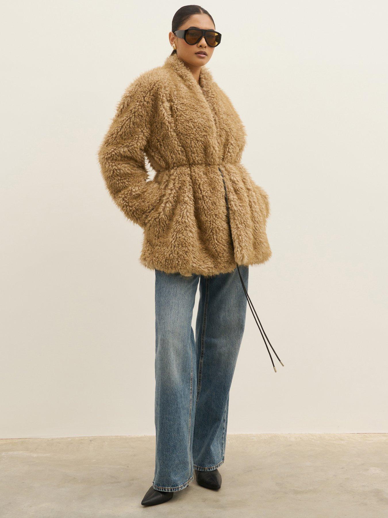 Image 1 of 6 of Pretty Lavish Womens Loah Faux Fur Oversized Belted Coat - Taupe
