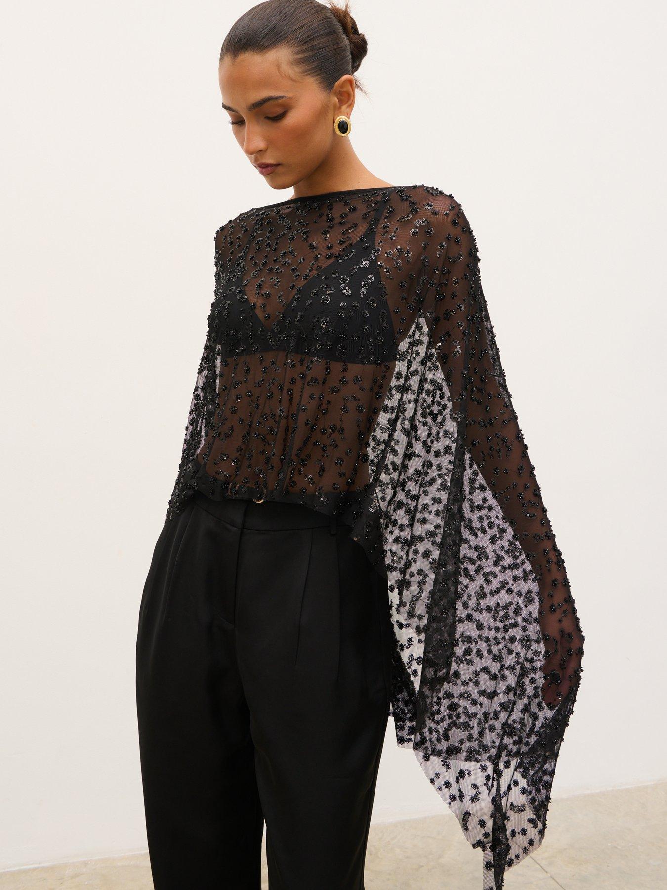 Image 1 of 5 of Pretty Lavish Azari Embellished Sheer Cape Top - Black