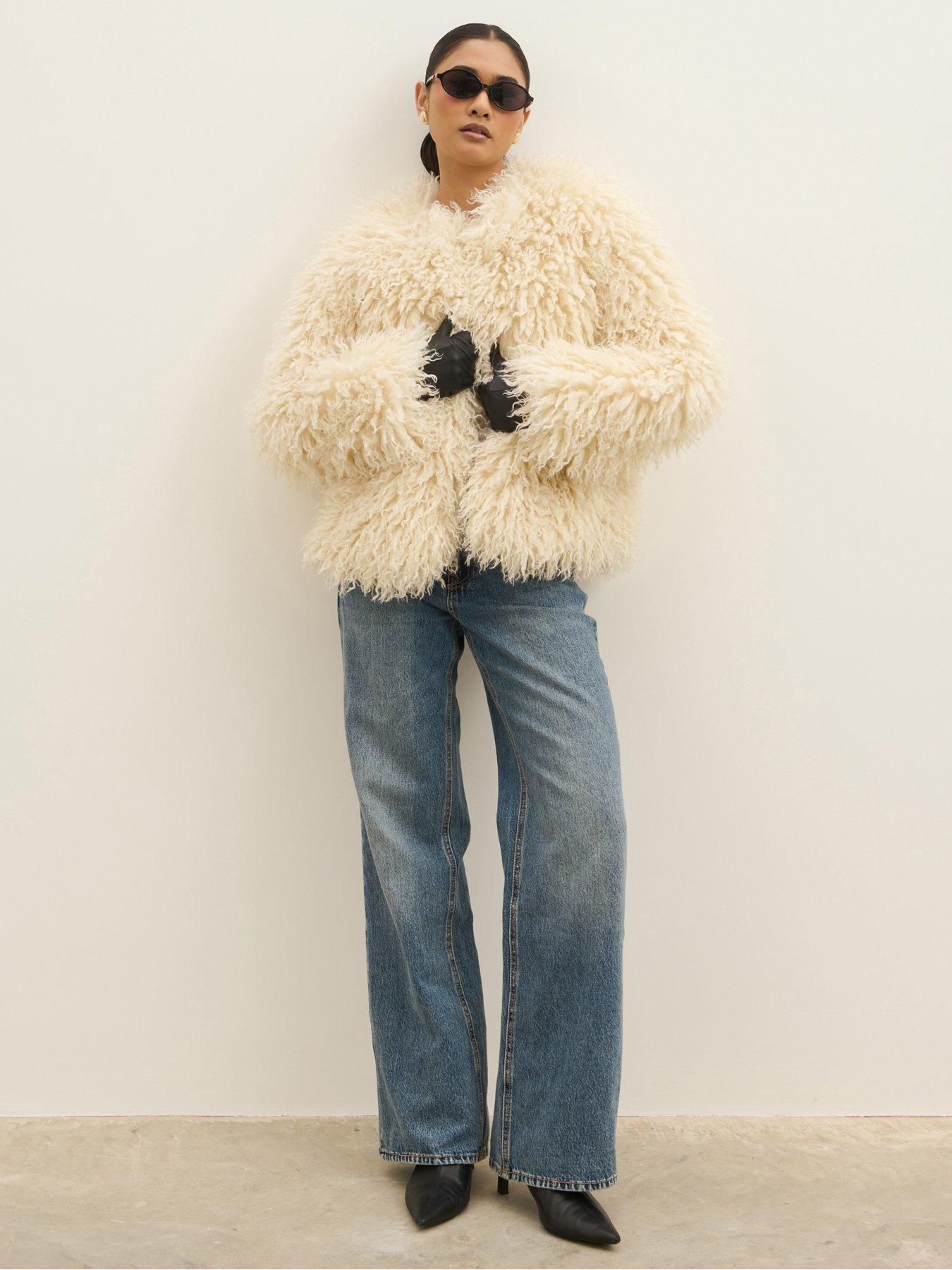 Image 1 of 5 of Pretty Lavish Womens Irie Shaggy Faux Fur Open Front Coat - Cream