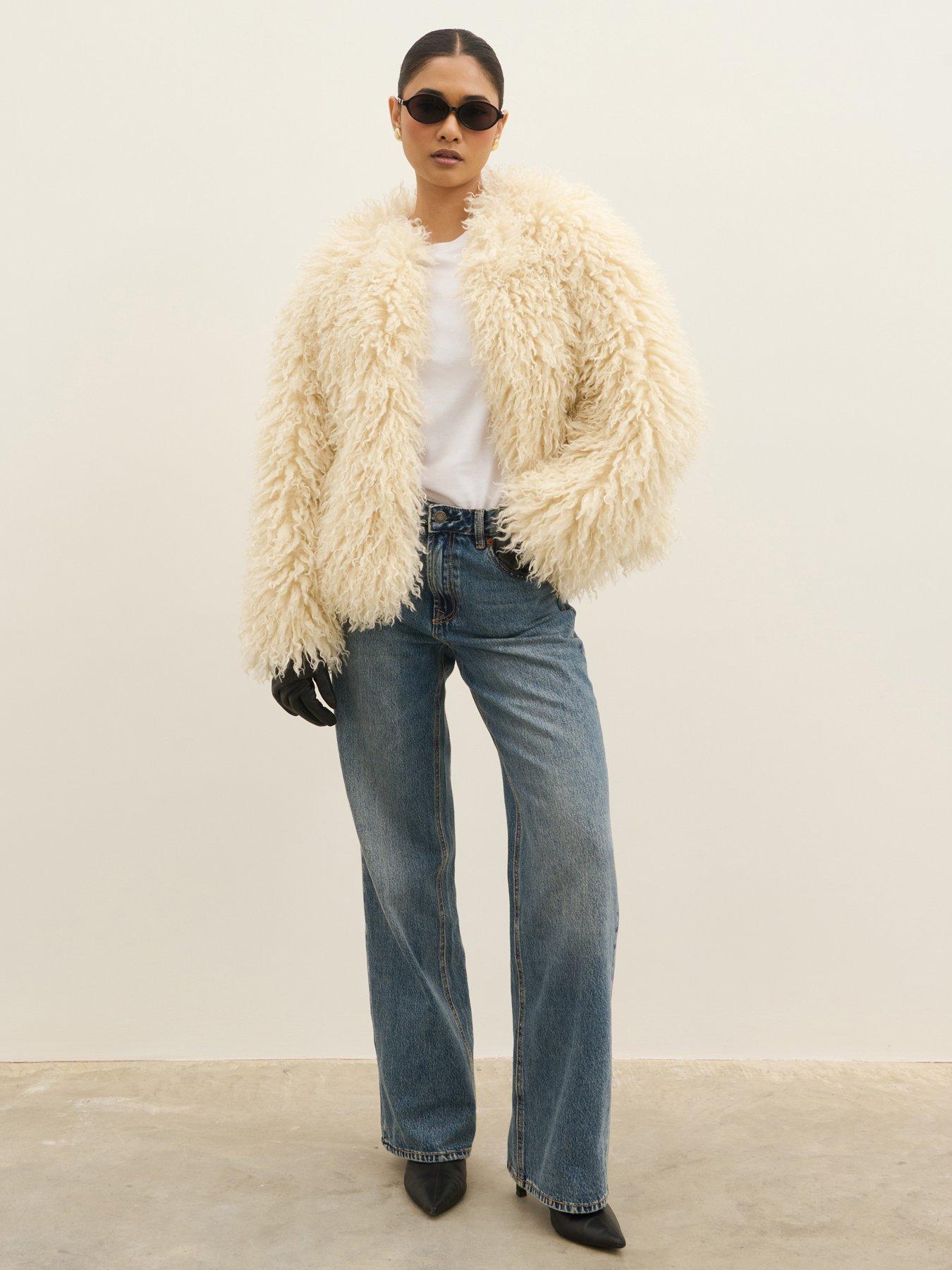 Image 4 of 5 of Pretty Lavish Womens Irie Shaggy Faux Fur Open Front Coat - Cream