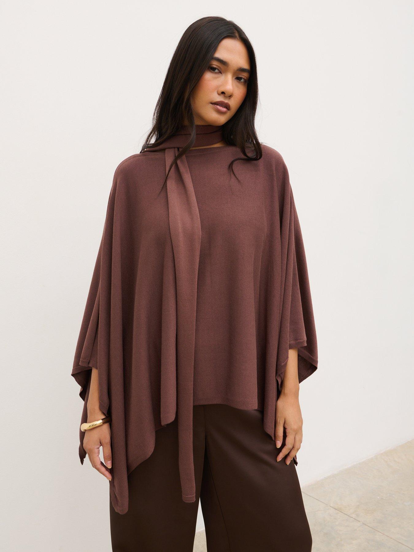 Image 1 of 5 of Pretty Lavish River Poncho With Scarf Detail - Chocolate Brown