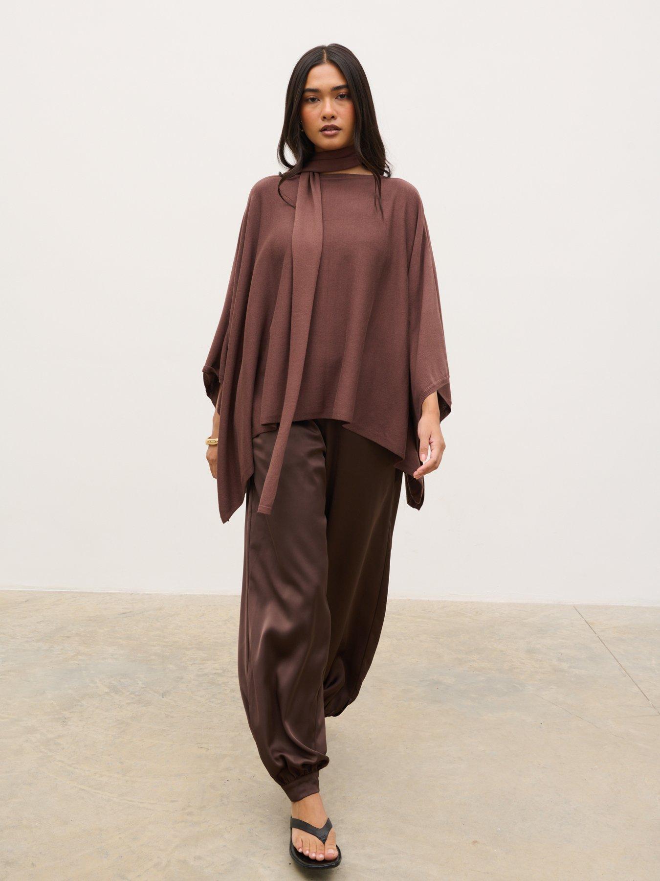 Image 3 of 5 of Pretty Lavish River Poncho With Scarf Detail - Chocolate Brown