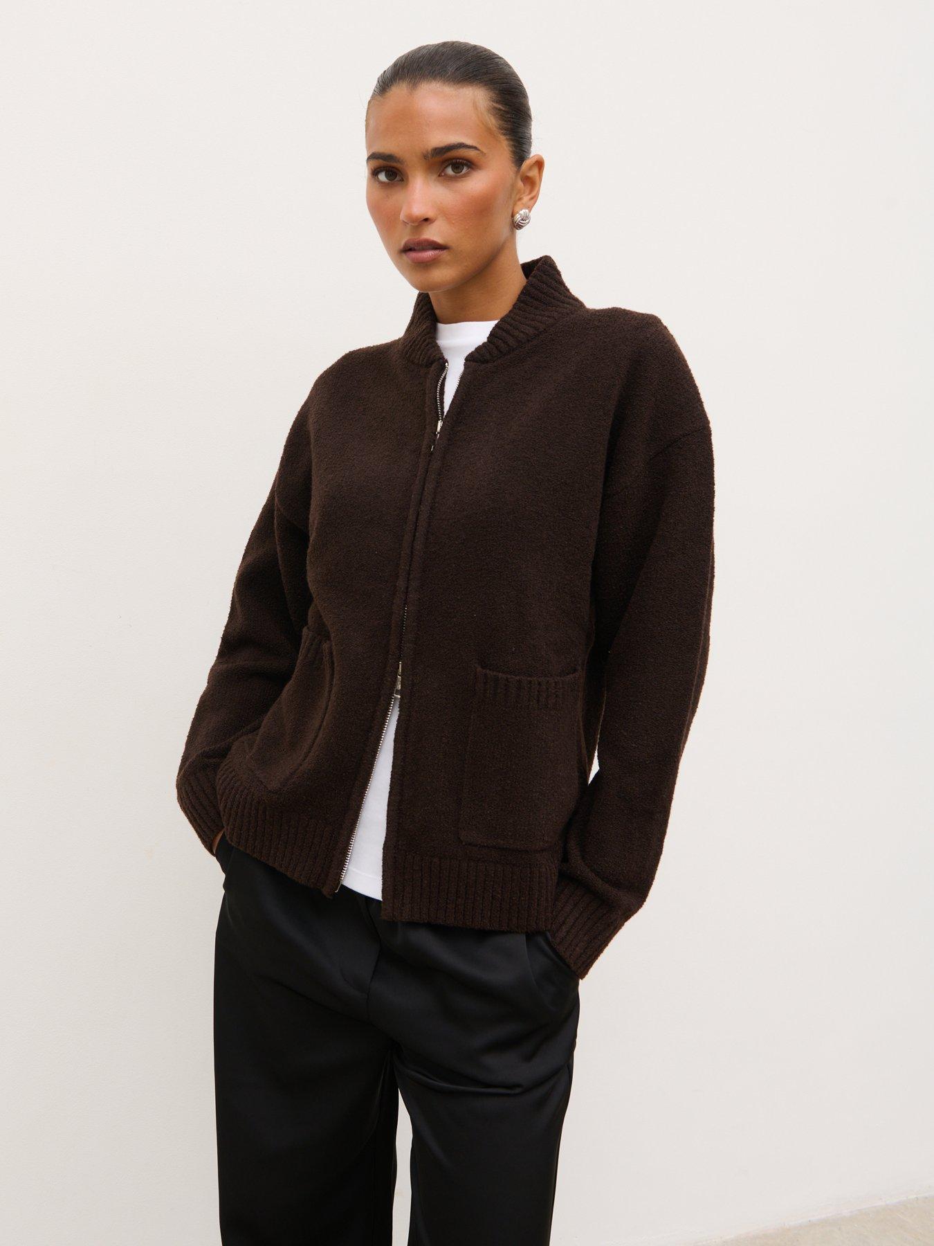 Image 1 of 5 of Pretty Lavish Camille Zip Through Knit Bomber Jacket - Brown