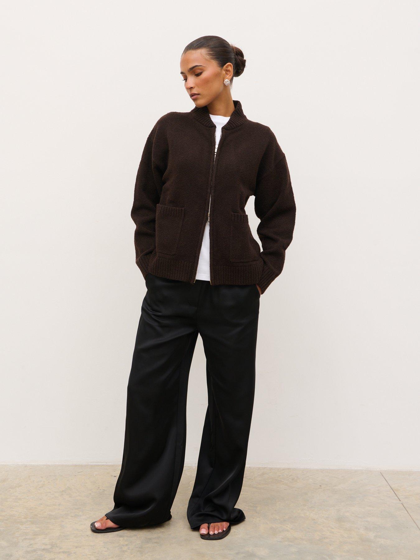 Image 3 of 5 of Pretty Lavish Camille Zip Through Knit Bomber Jacket - Brown