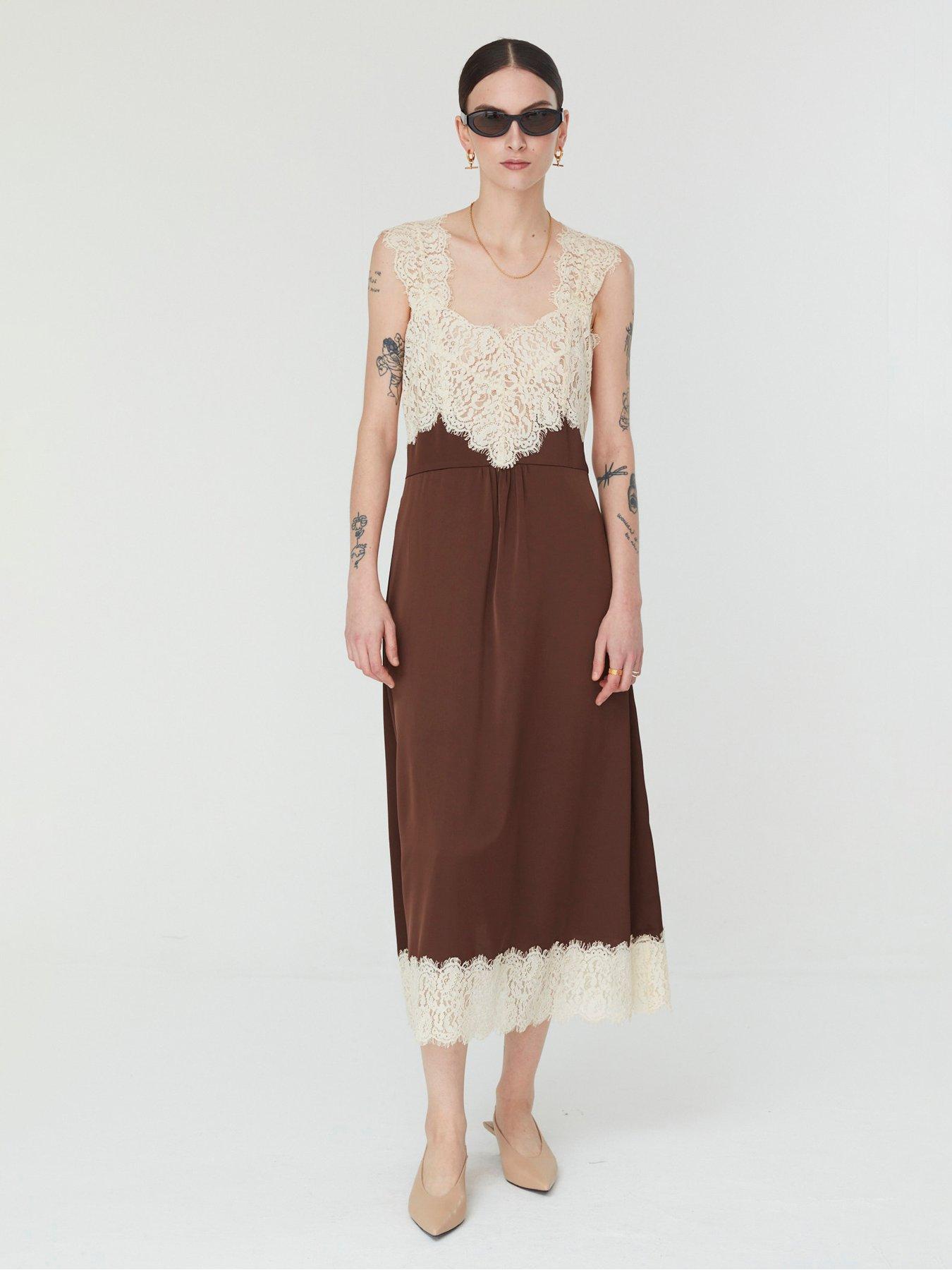 Image 1 of 5 of Jovonna London Mina Women's Lace Trim Sleeveless Midi Dress - Brown