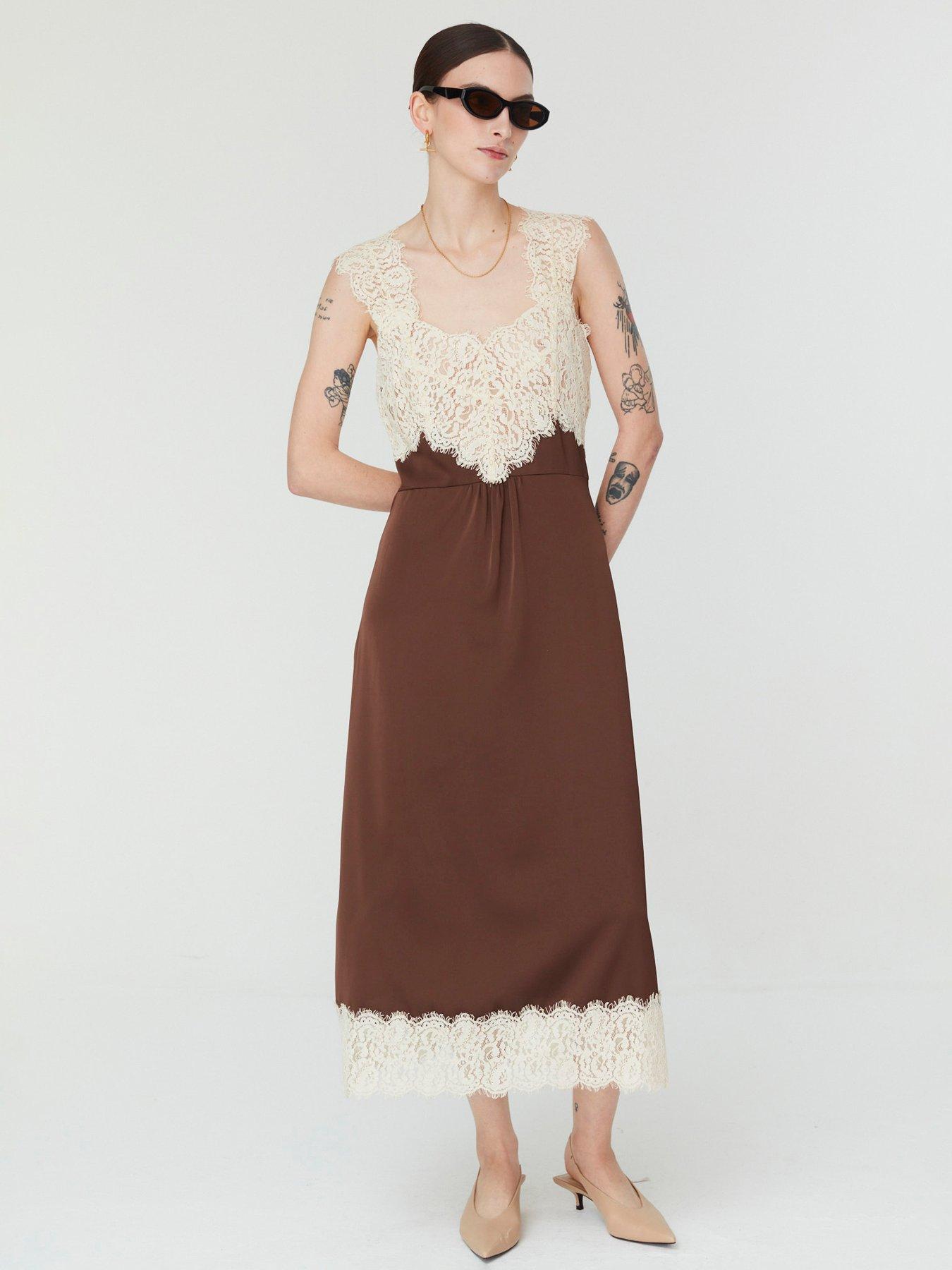 Image 2 of 5 of Jovonna London Mina Women's Lace Trim Sleeveless Midi Dress - Brown