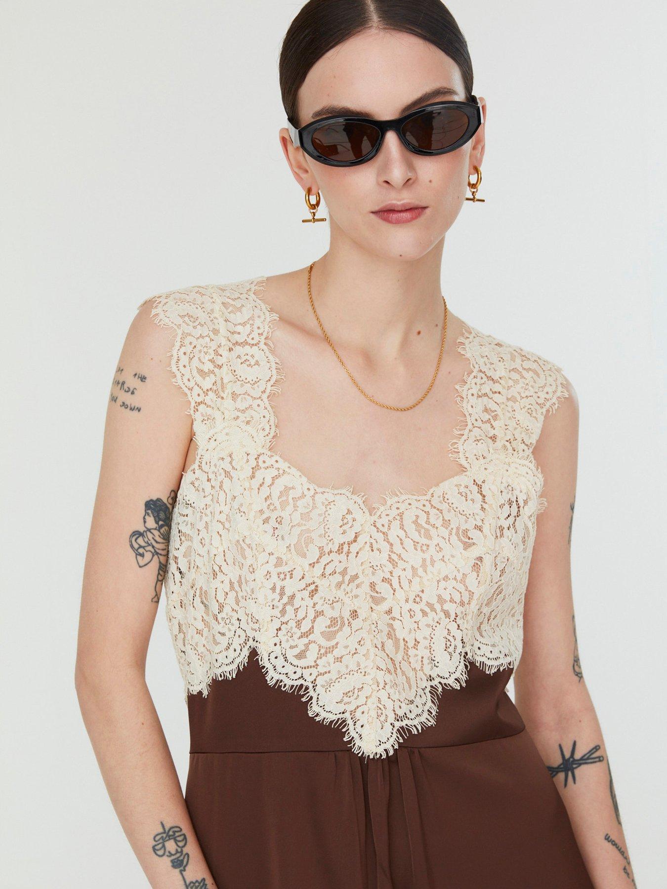 Image 3 of 5 of Jovonna London Mina Women's Lace Trim Sleeveless Midi Dress - Brown
