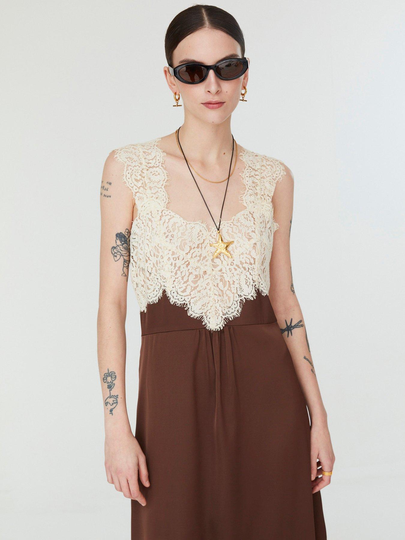 Image 5 of 5 of Jovonna London Mina Women's Lace Trim Sleeveless Midi Dress - Brown