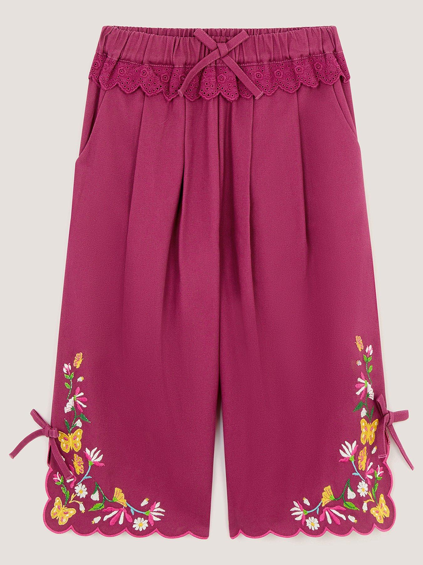 Monsoon Girls Floral Embroidered Twill Trousers - Magenta