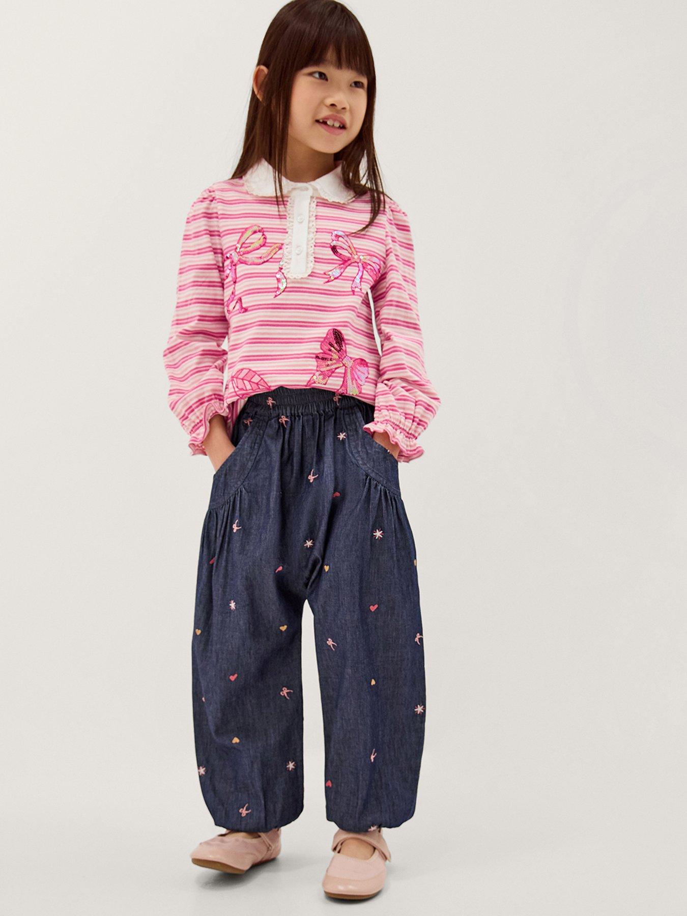 Monsoon Girls Chambray Cuffed Embroidered Hareem Trousers, Blue, Size Age: 14-15 Years
